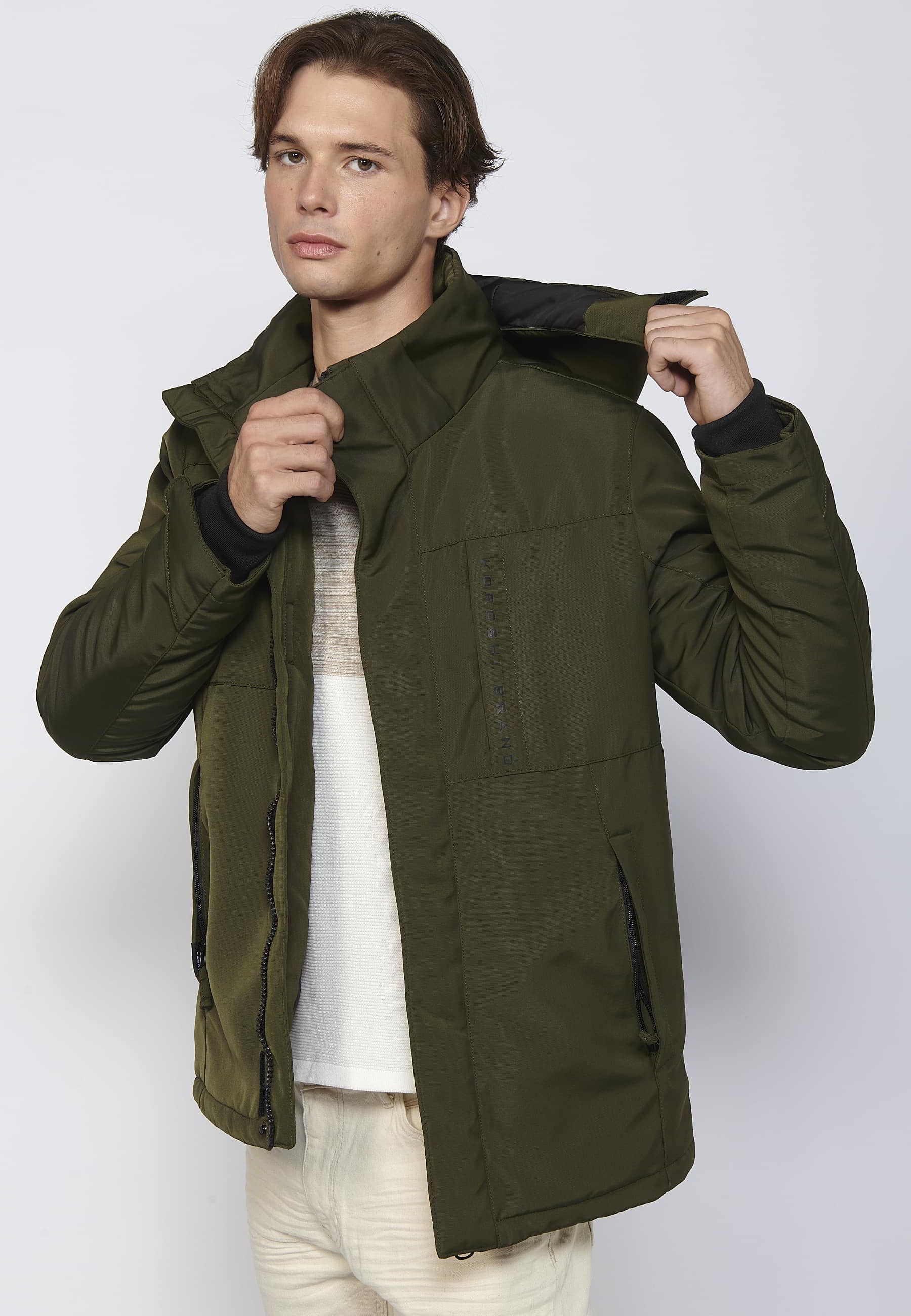 Khaki Men's Long Sleeve Hooded Collar Parka Jacket 11