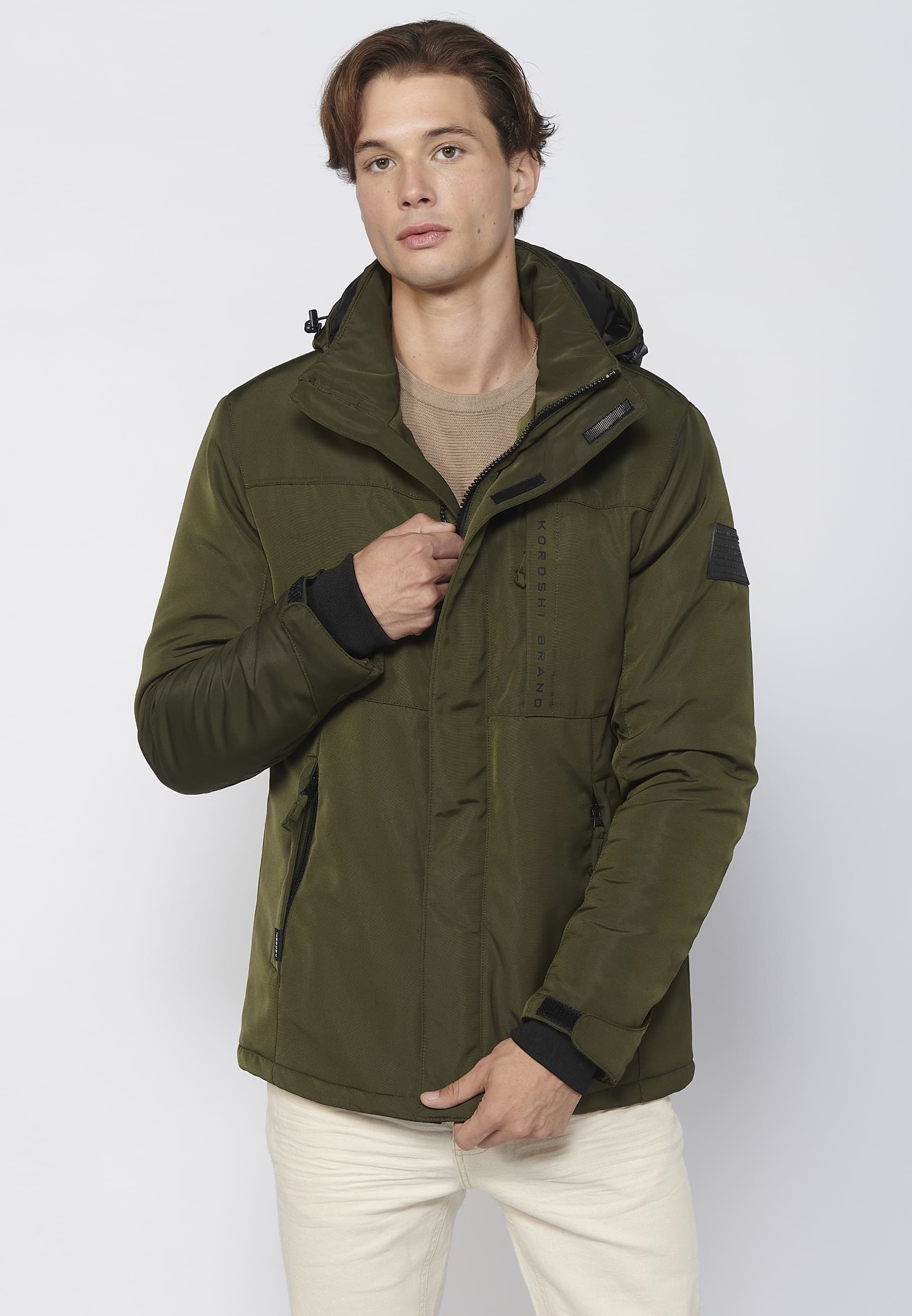 Khaki Men's Long Sleeve Hooded Collar Parka Jacket