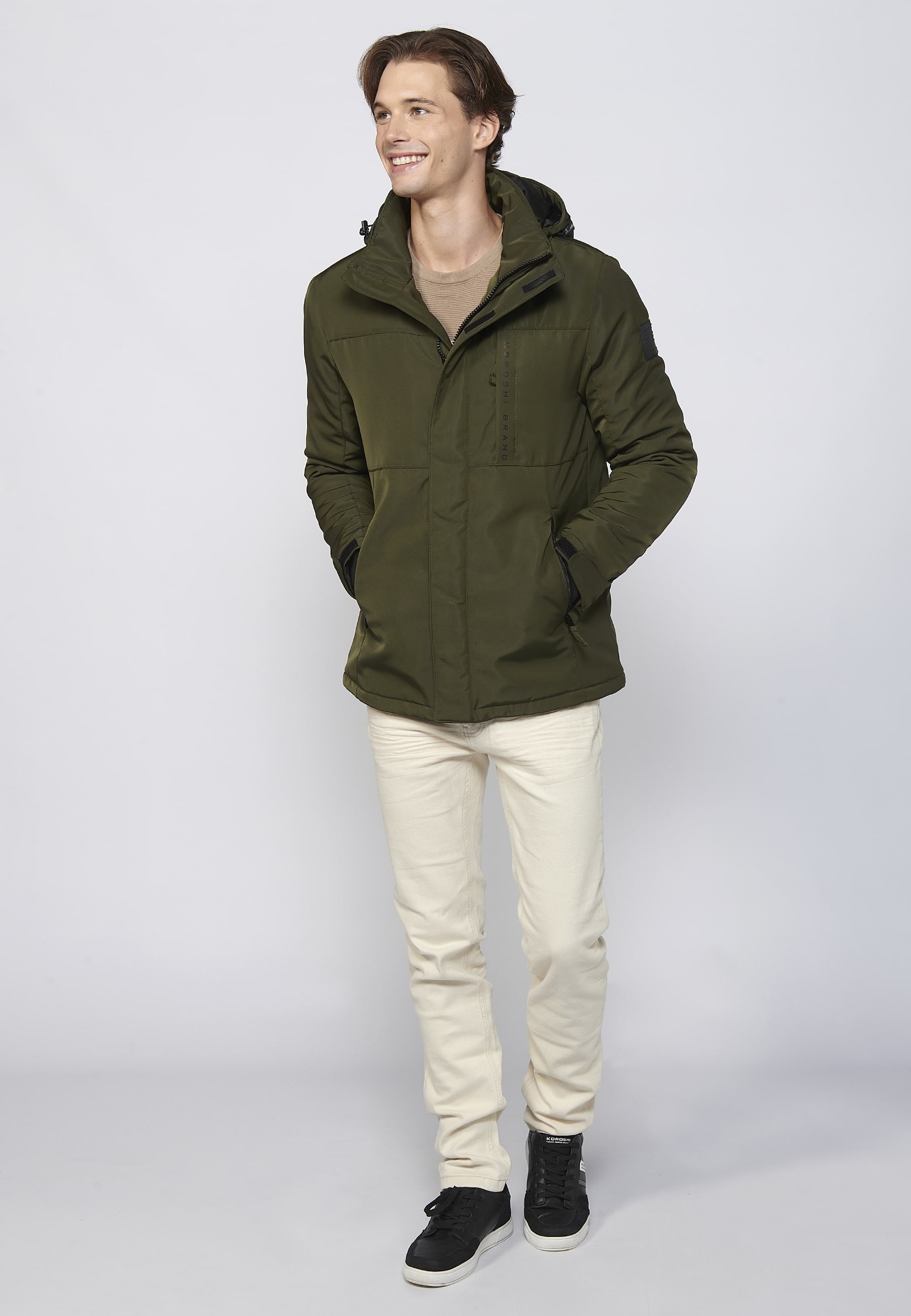 Khaki Men's Long Sleeve Hooded Collar Parka Jacket 3