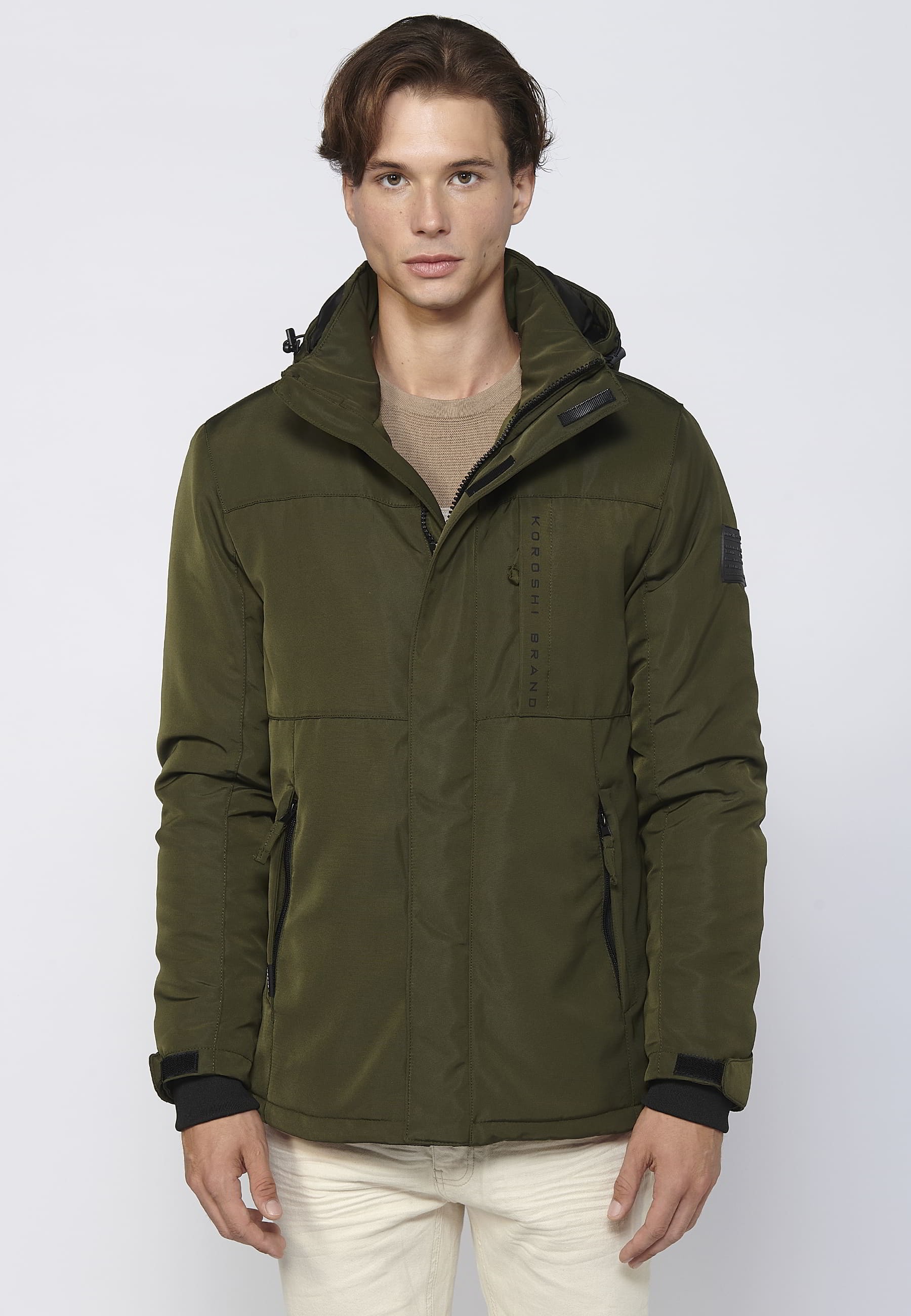 Khaki Men's Long Sleeve Hooded Collar Parka Jacket 2