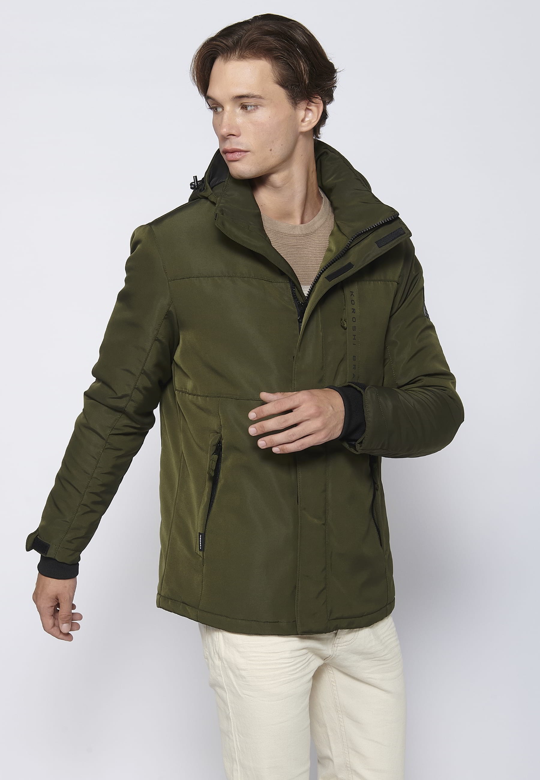 Khaki Men's Long Sleeve Hooded Collar Parka Jacket 4