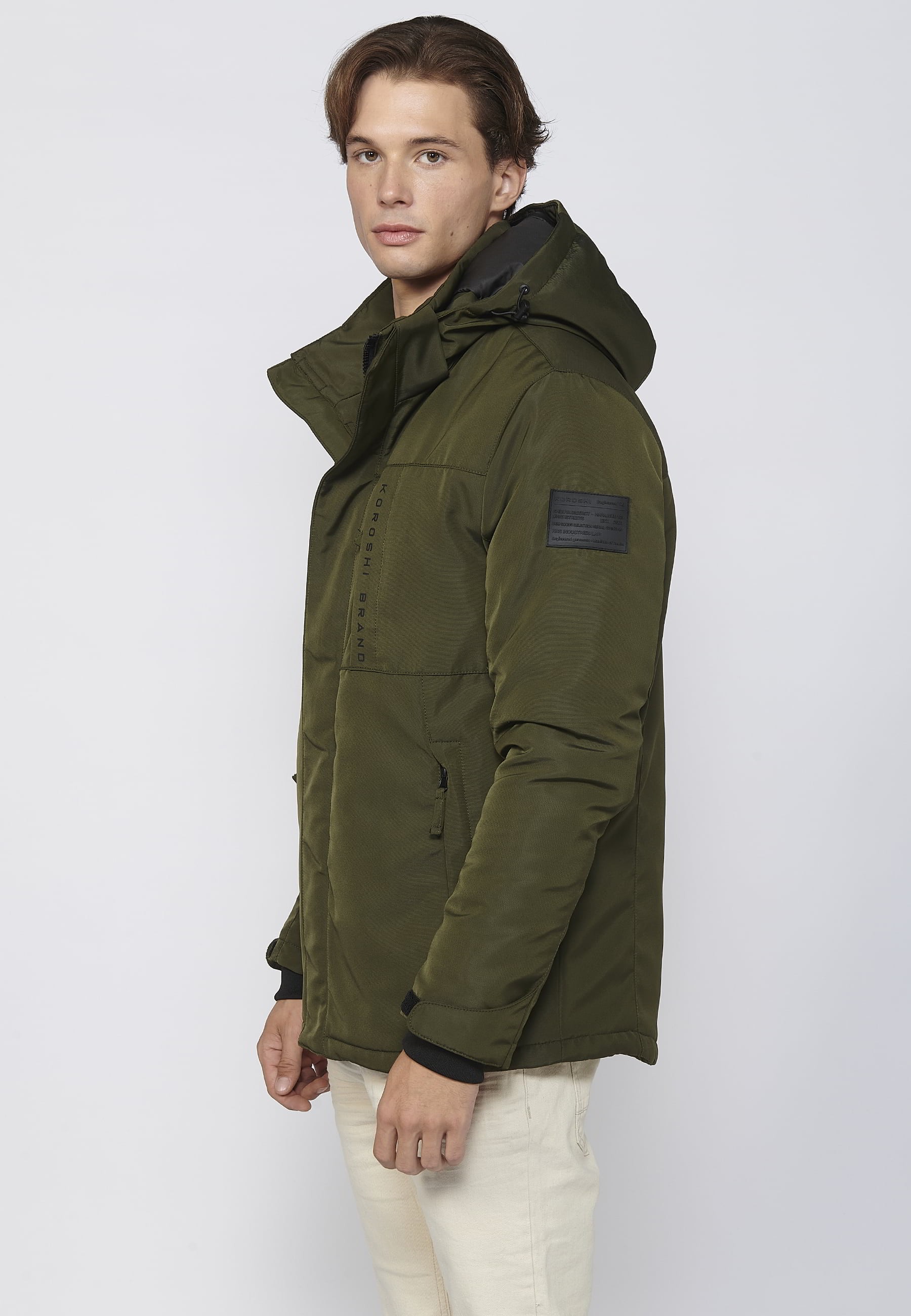 Khaki Men's Long Sleeve Hooded Collar Parka Jacket 1