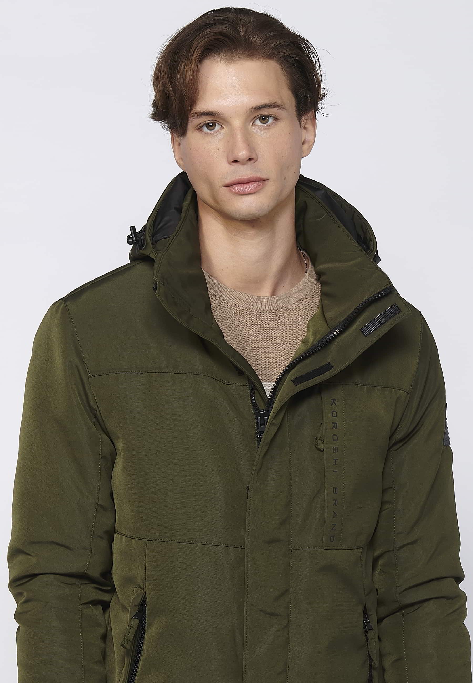 Khaki Men's Long Sleeve Hooded Collar Parka Jacket 8