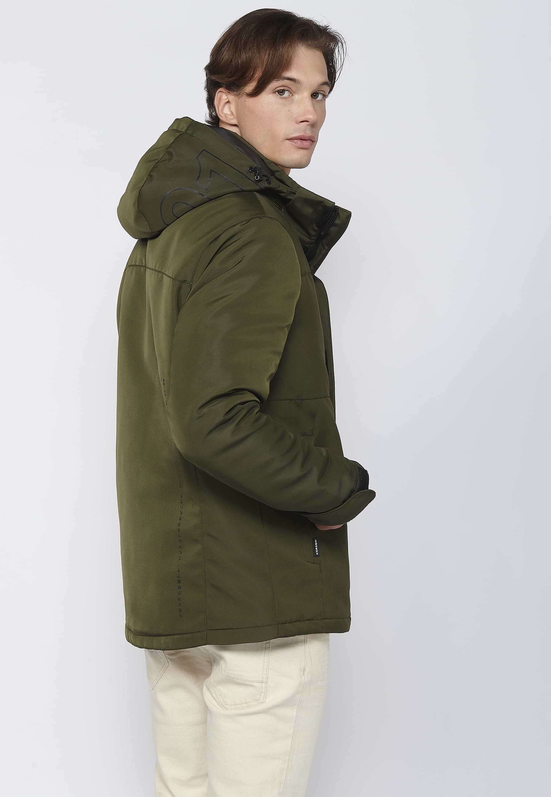 Khaki Men's Long Sleeve Hooded Collar Parka Jacket 7