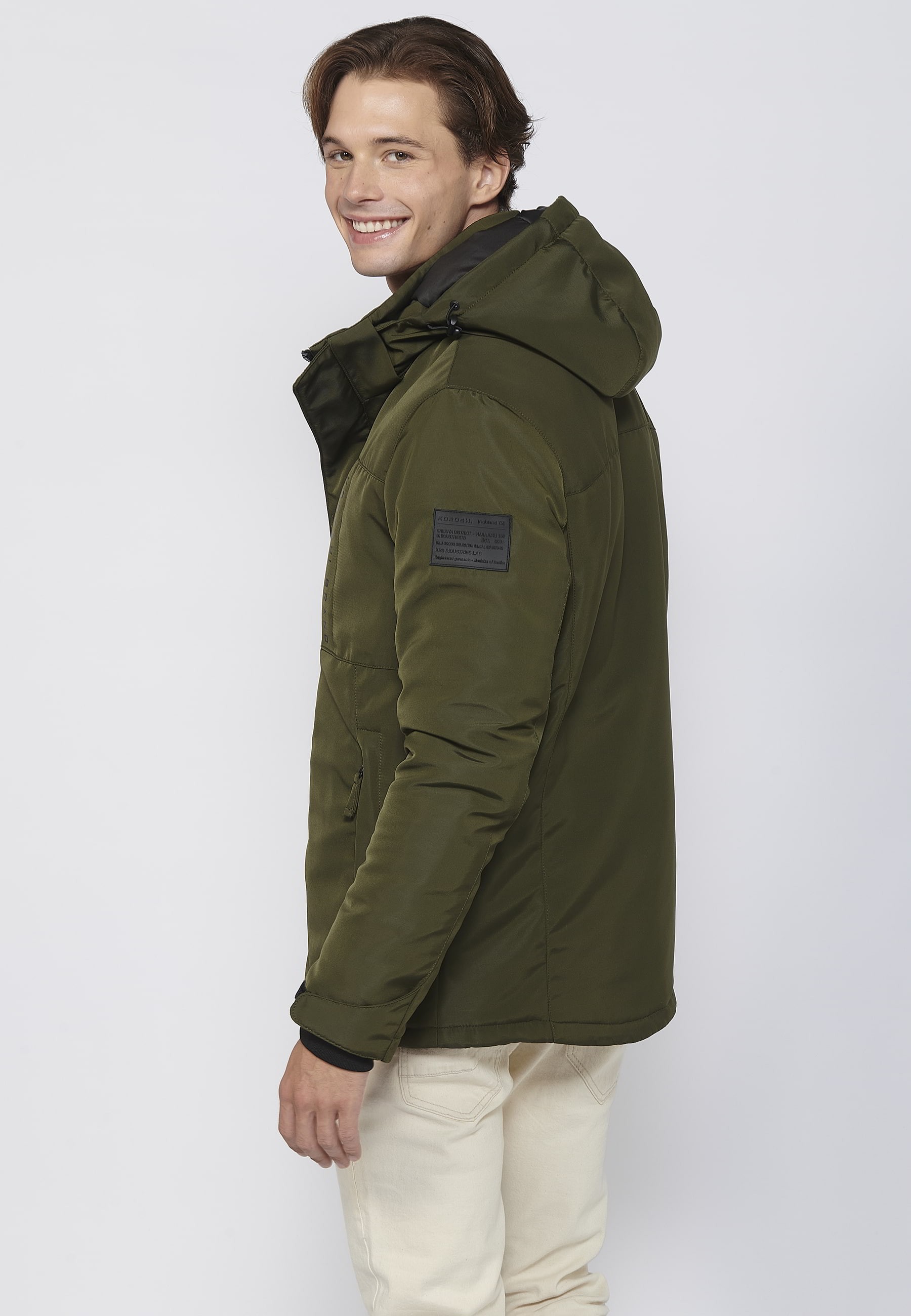 Khaki Men's Long Sleeve Hooded Collar Parka Jacket 6