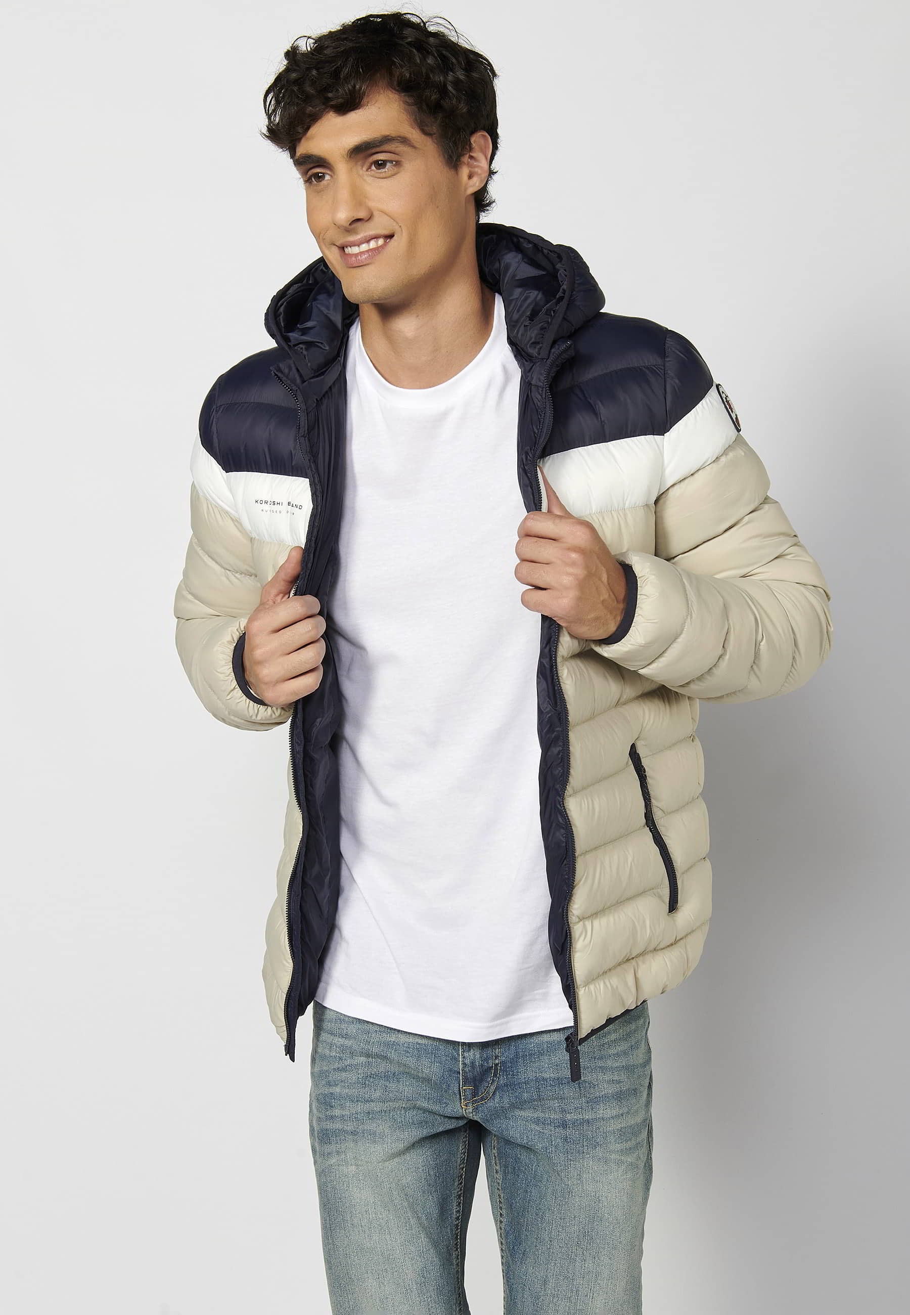 Beige hooded short turtleneck padded jacket for Men 4