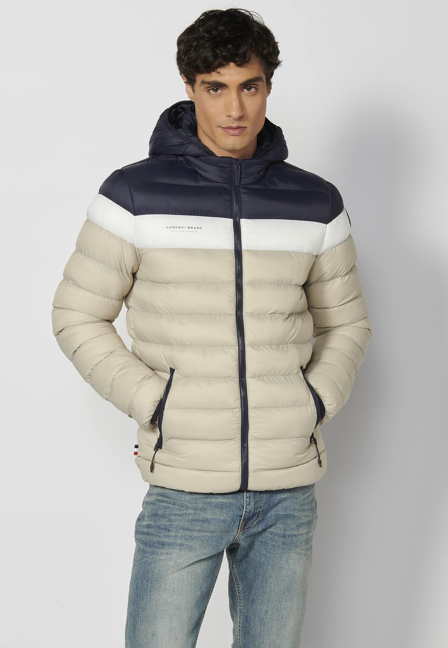 Beige hooded short turtleneck padded jacket for Men