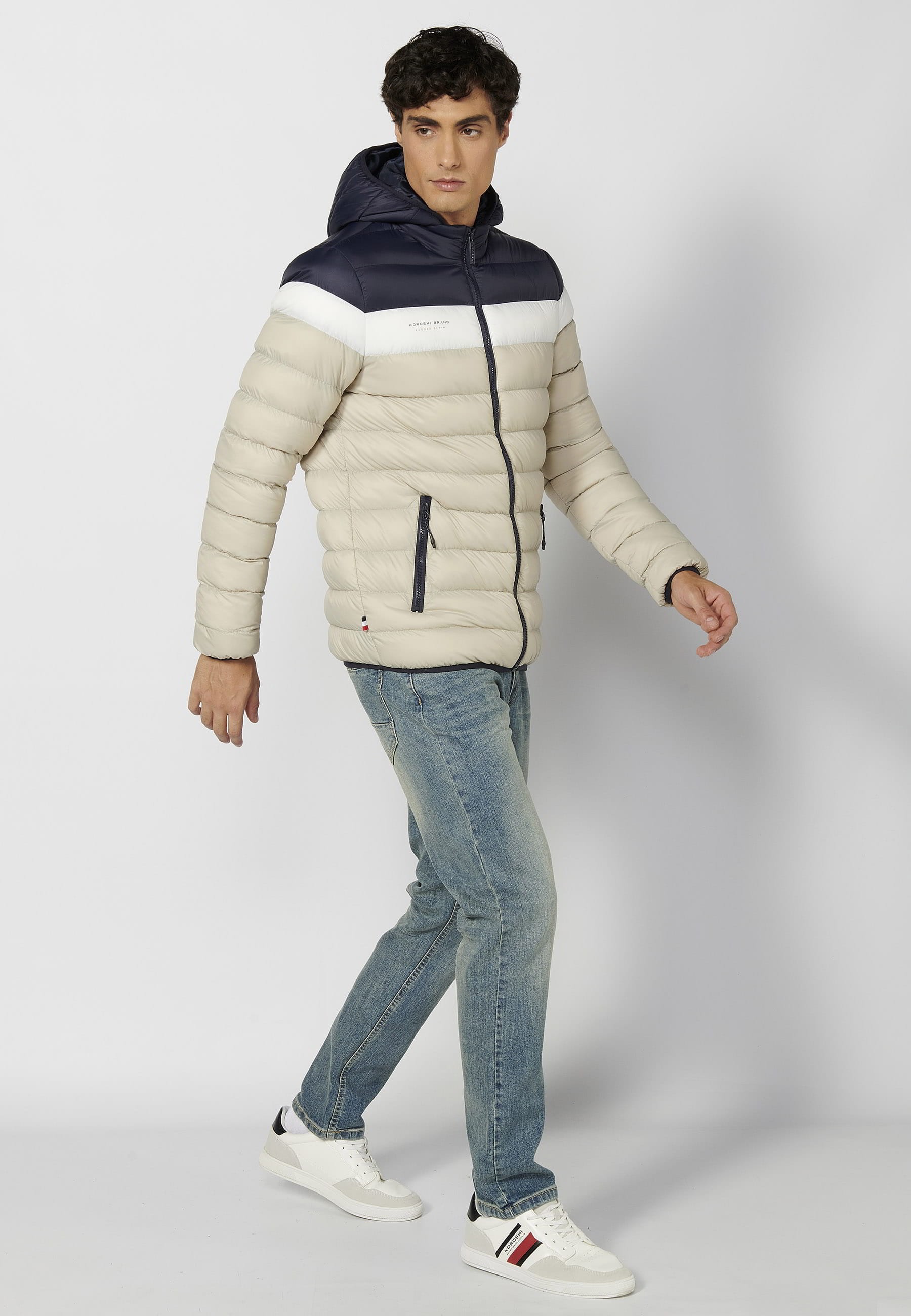 Doudoune courte col roulé beige à capuche pour Homme 6