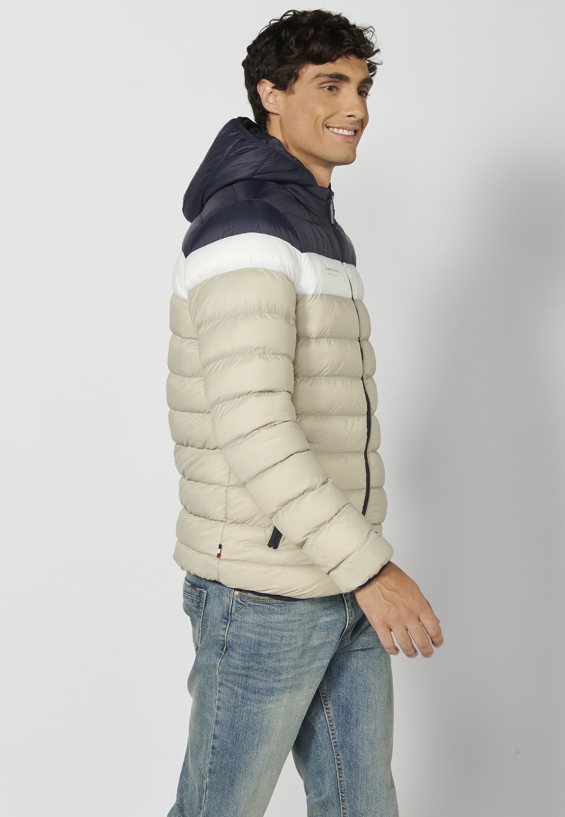 Beige, kurze, wattierte Rollkragenjacke mit Kapuze für Herren 2