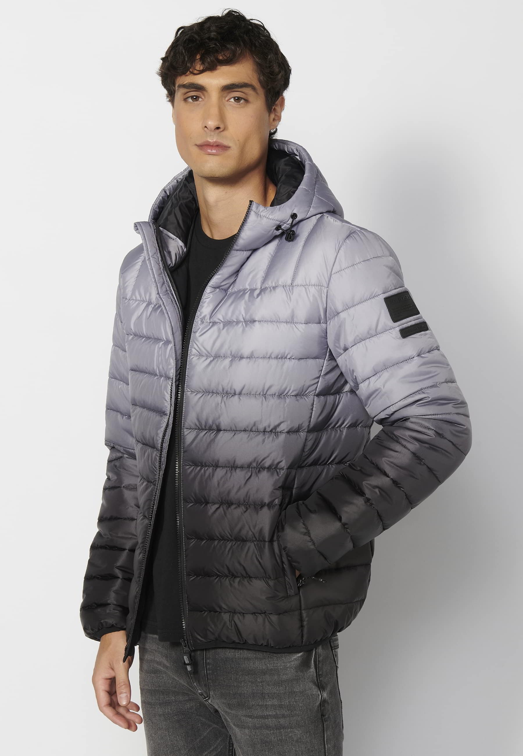 Gray Short High Neck Padded Jacket with Hood for Men