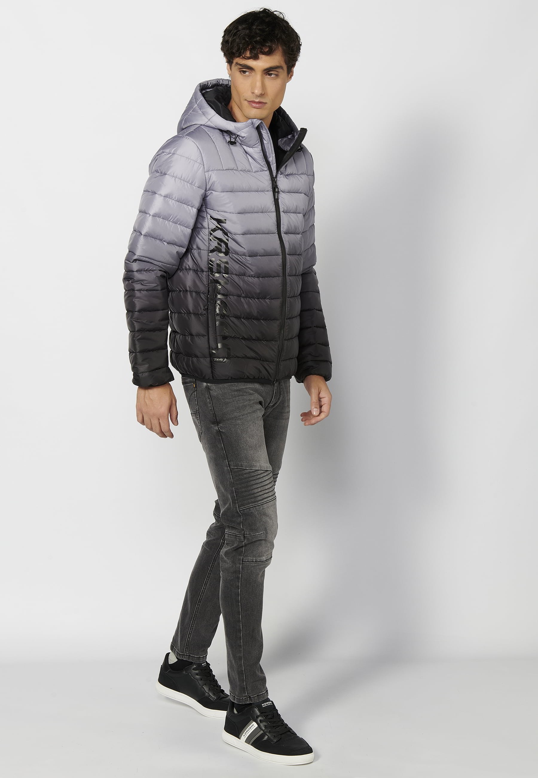 Gray Short High Neck Padded Jacket with Hood for Men 3