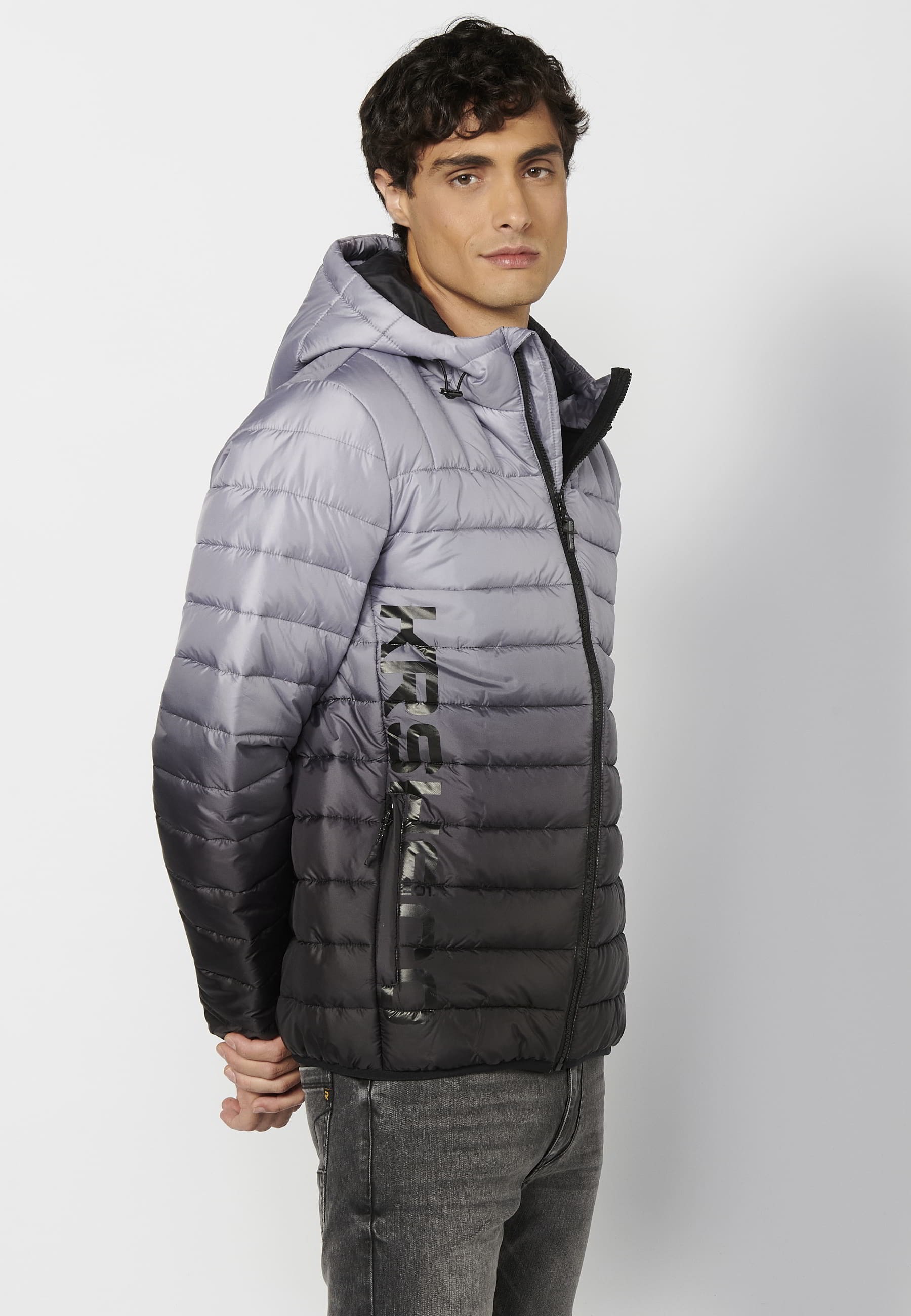 Gray Short High Neck Padded Jacket with Hood for Men 4