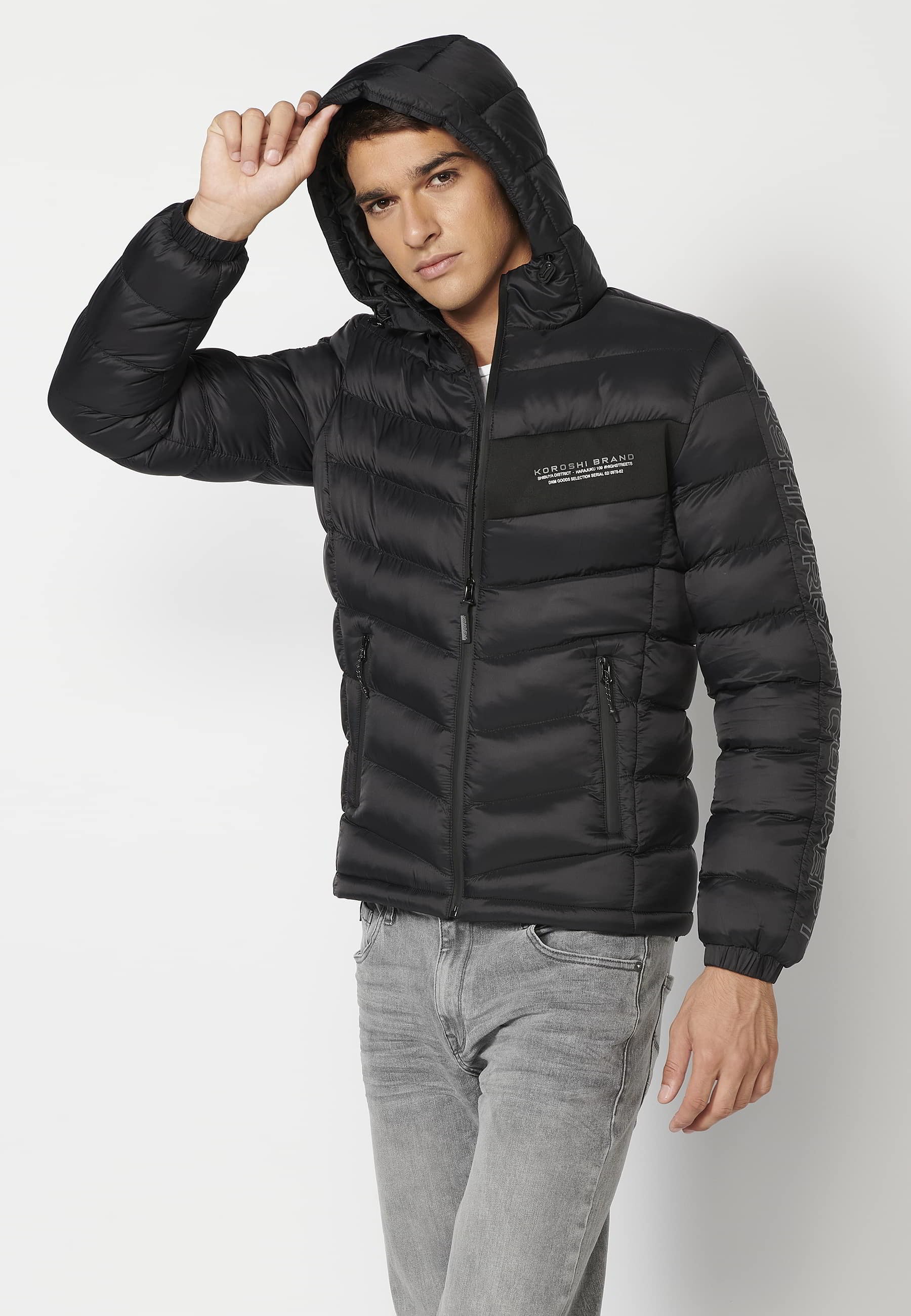 Chaqueta acolchada, cuello con capucha, color Negro, para Hombre 2