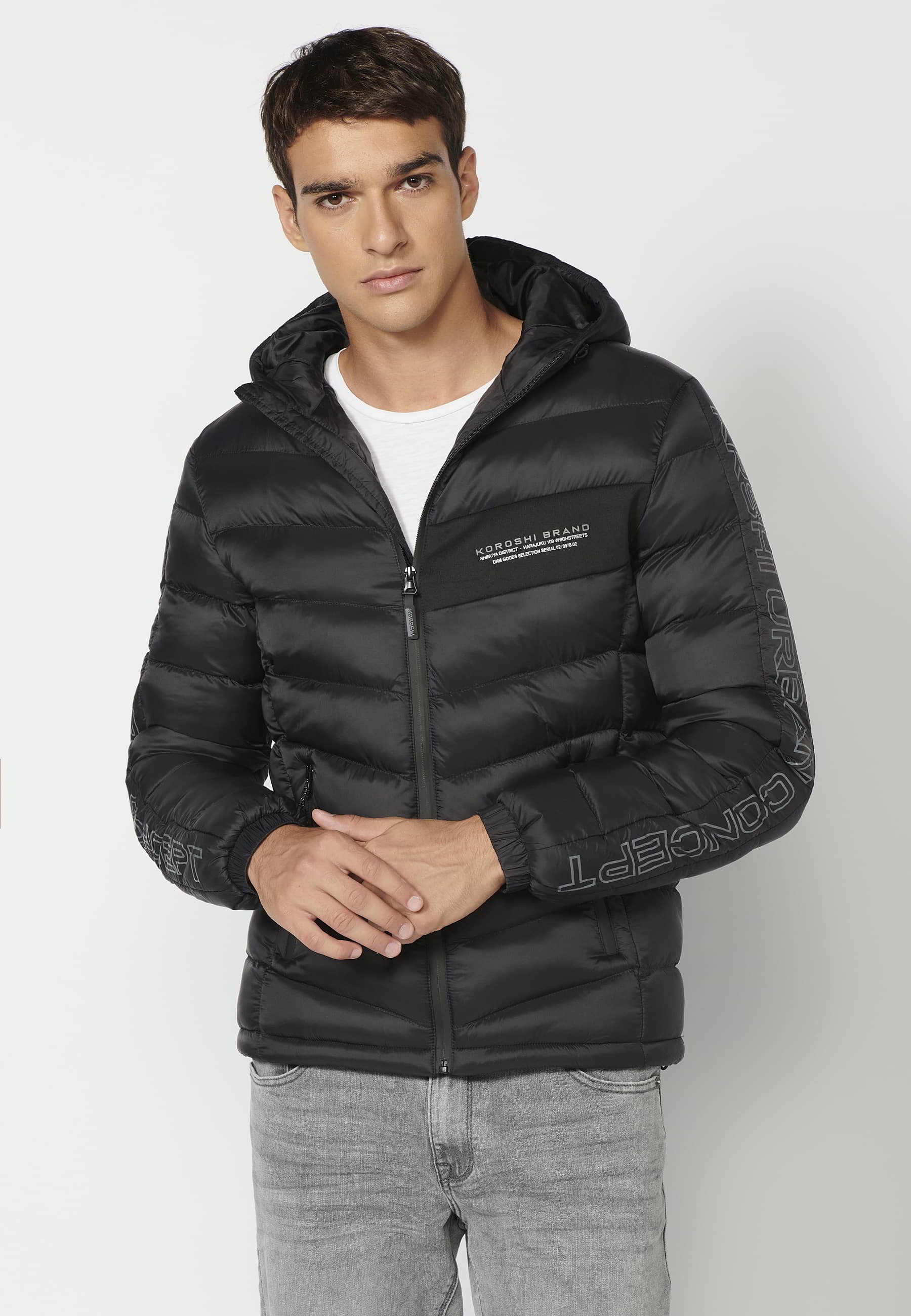 Chaqueta acolchada, cuello con capucha, color Negro, para Hombre