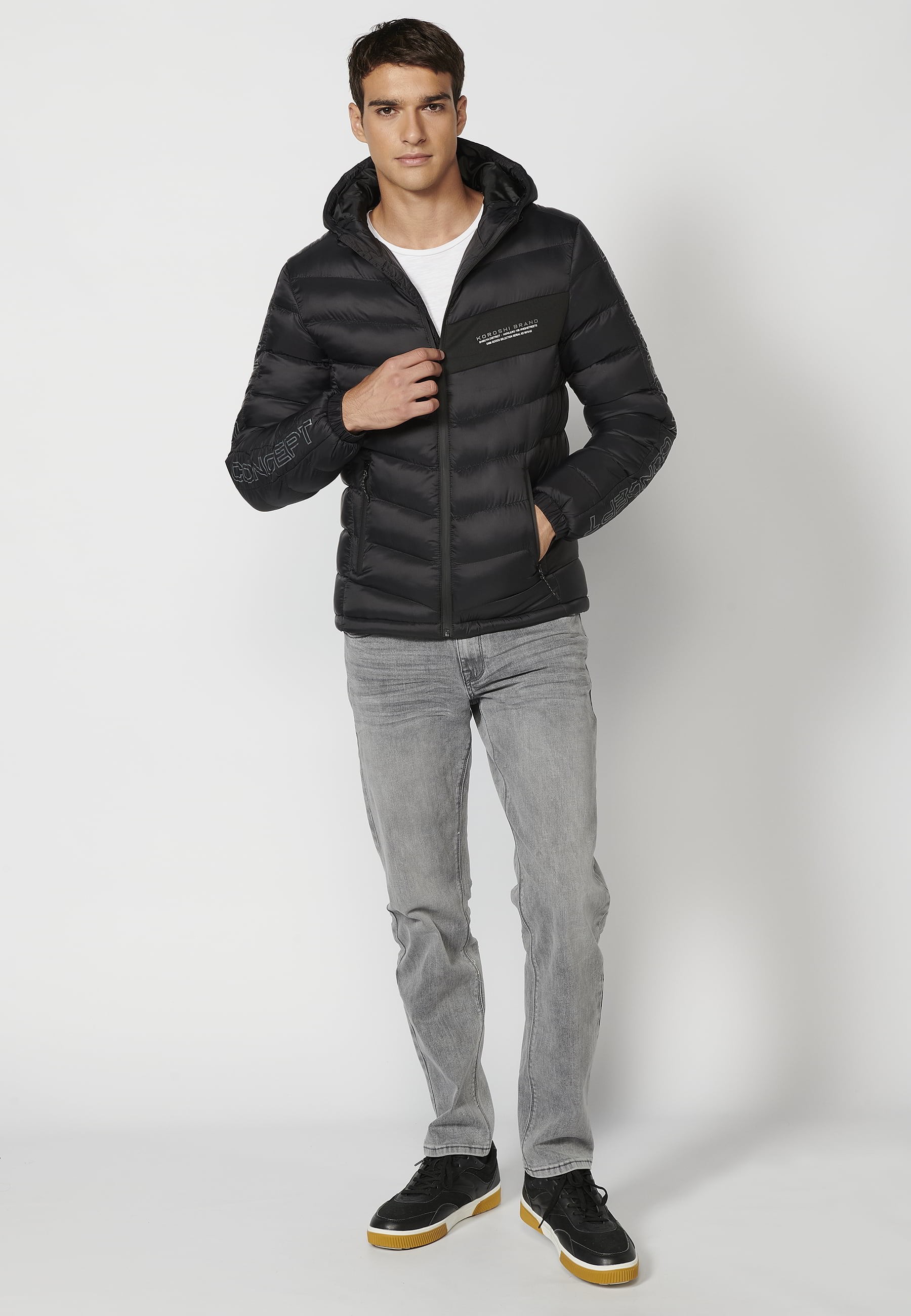 Chaqueta acolchada, cuello con capucha, color Negro, para Hombre 5