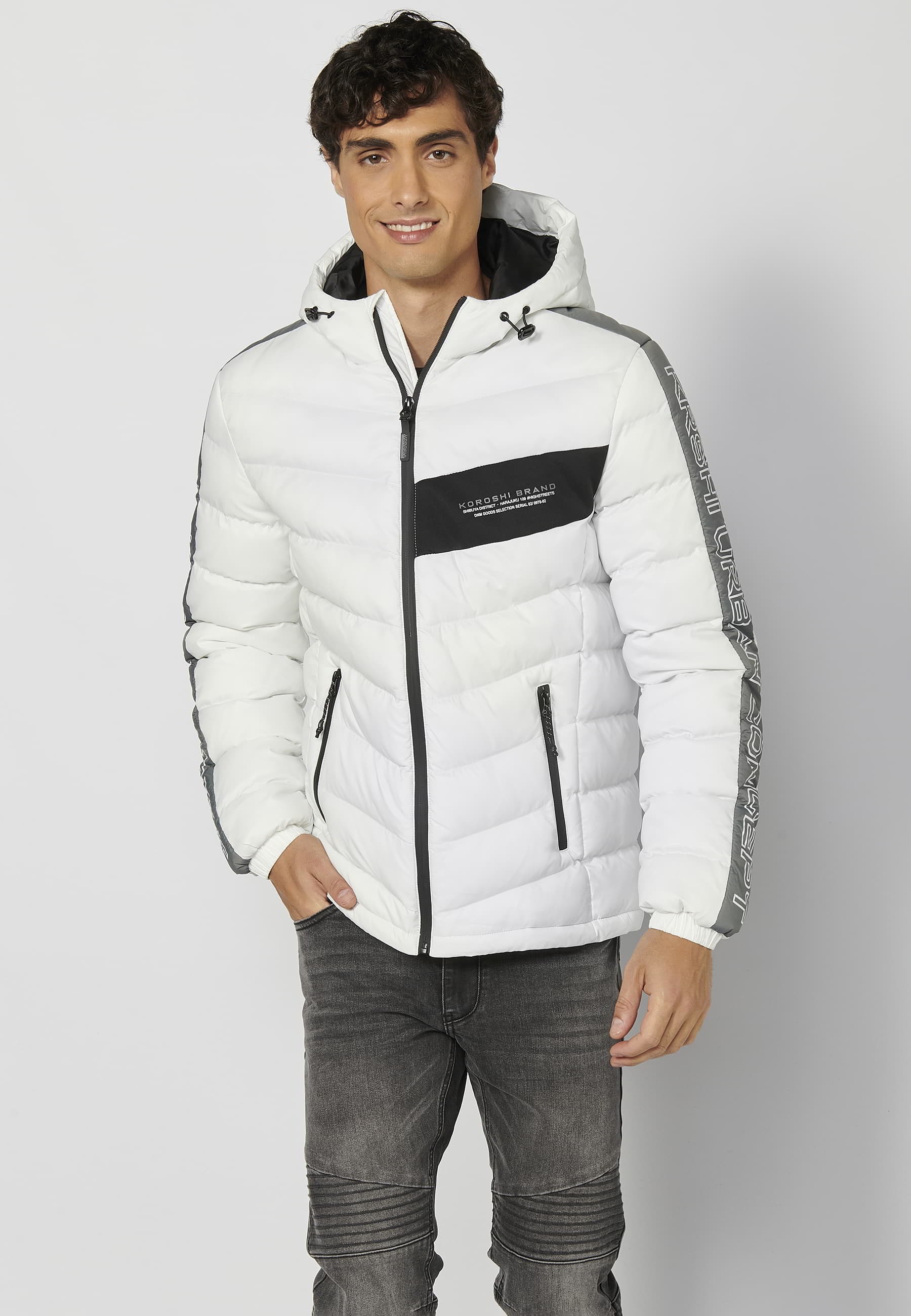 Chaqueta acolchada, cuello con capucha, color blanco, para Hombre