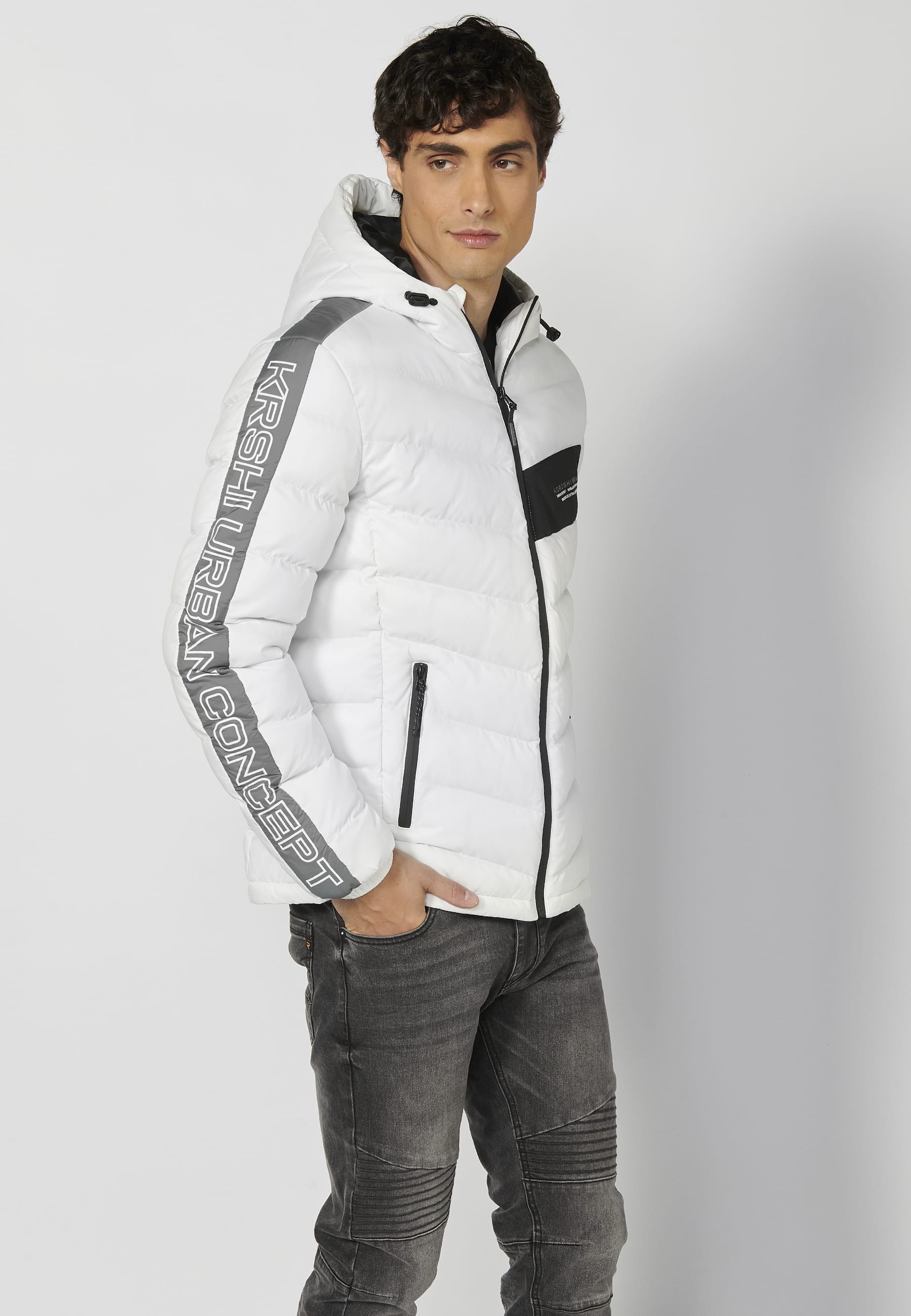 Chaqueta acolchada, cuello con capucha, color blanco, para Hombre 6