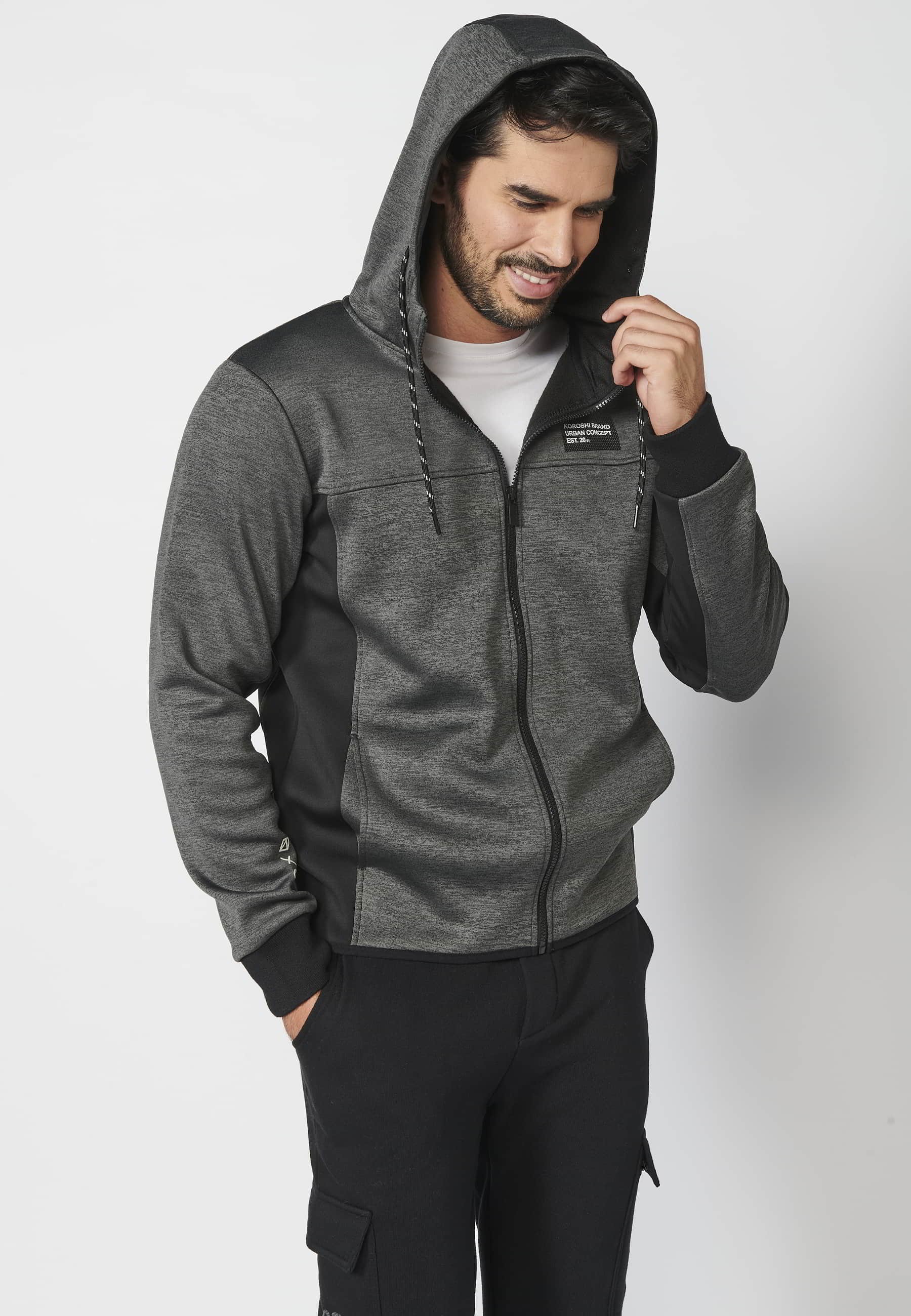 Veste sweat à capuche avec fermeture zippée et manches finies en bord-côte Noir pour Homme