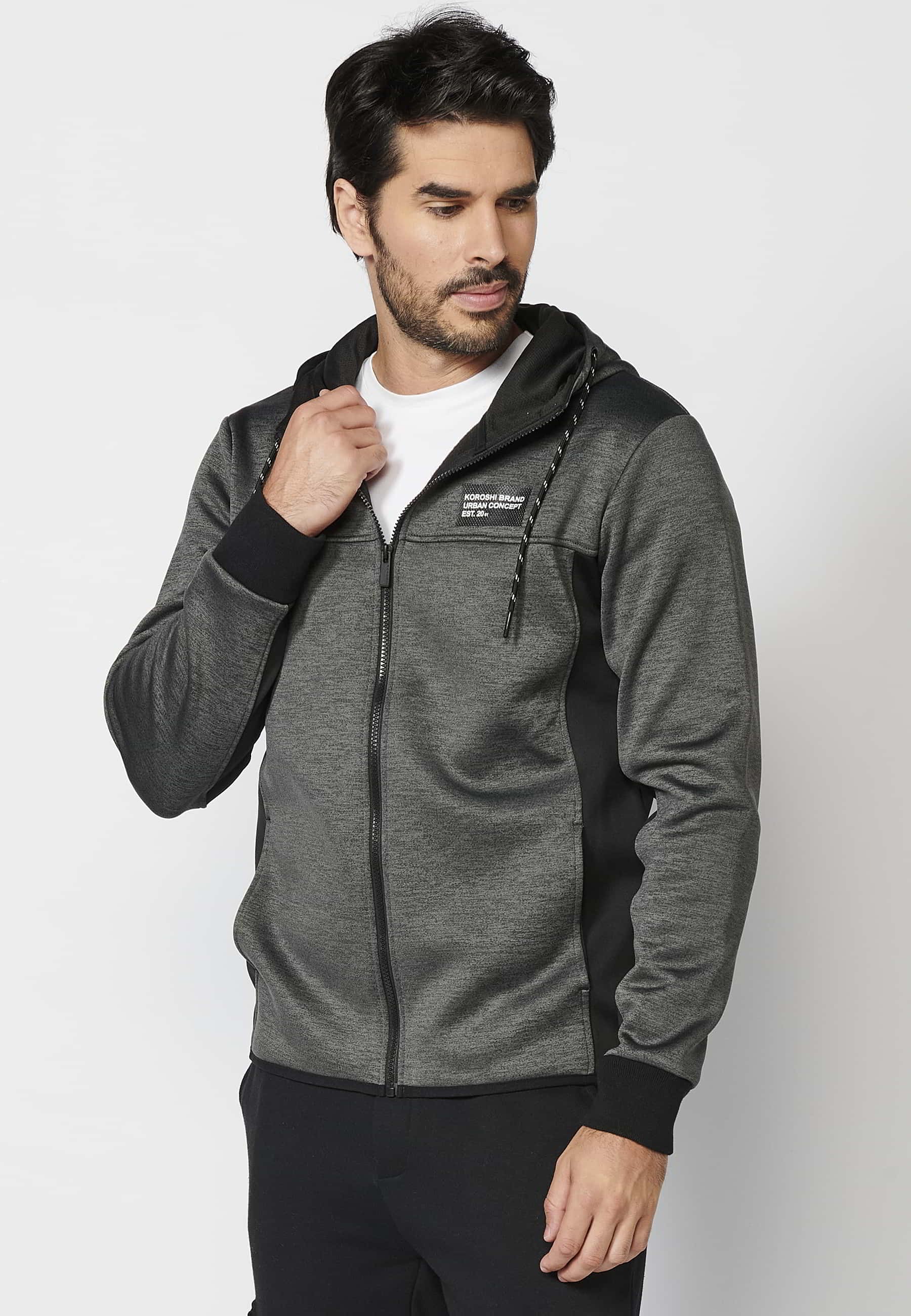 Veste sweat à capuche avec fermeture zippée et manches finies en bord-côte Noir pour Homme