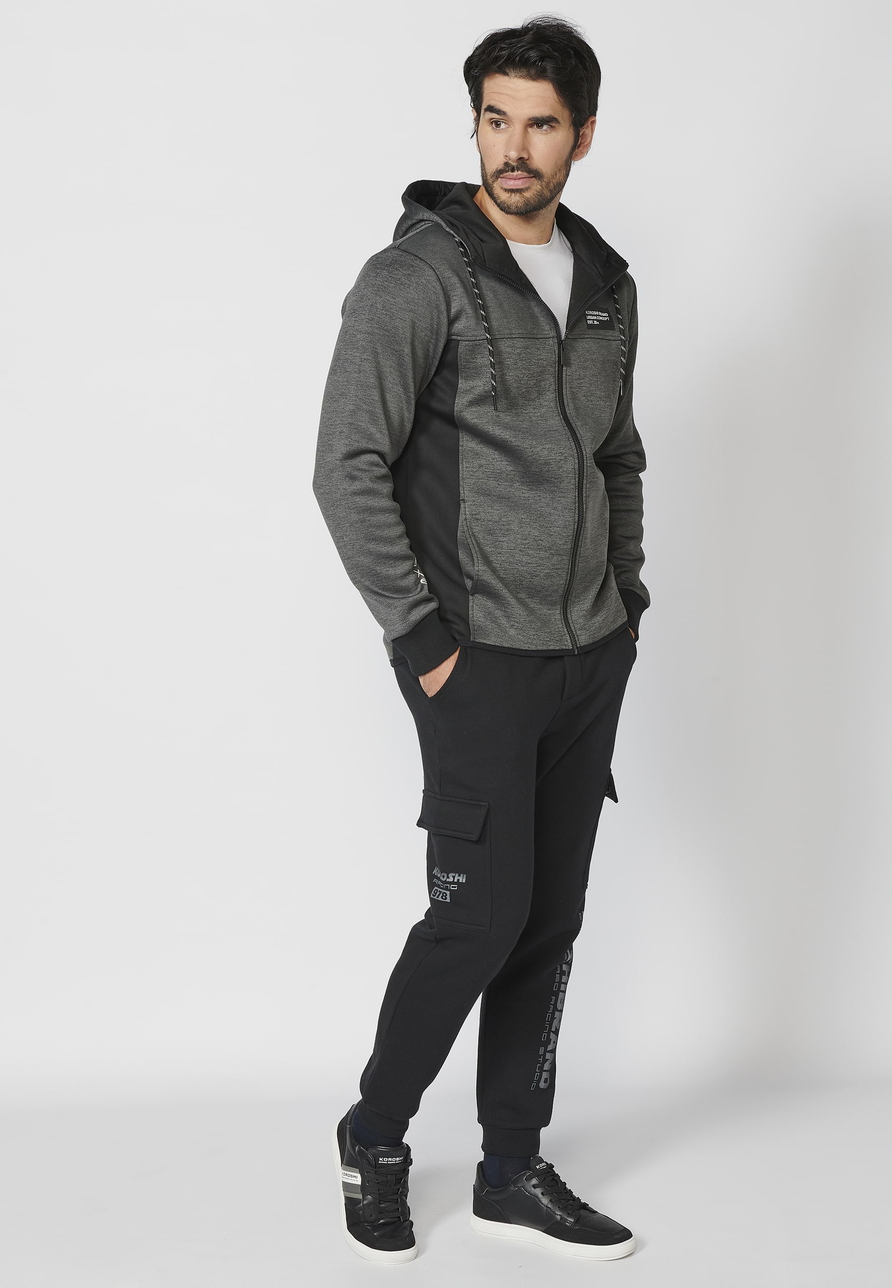 Veste sweat à capuche avec fermeture zippée et manches finies en bord-côte Noir pour Homme