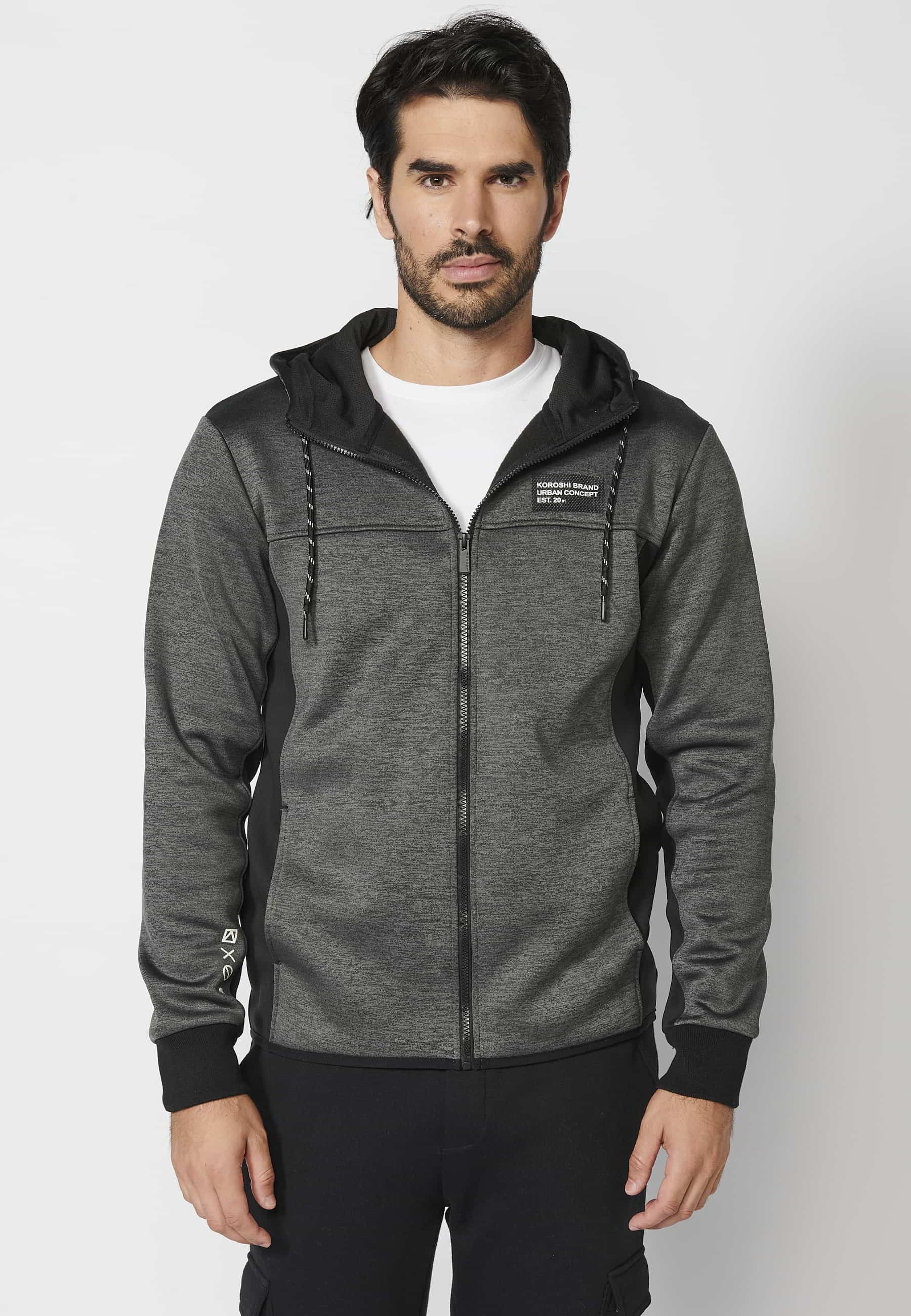 Veste sweat à capuche avec fermeture zippée et manches finies en bord-côte Noir pour Homme