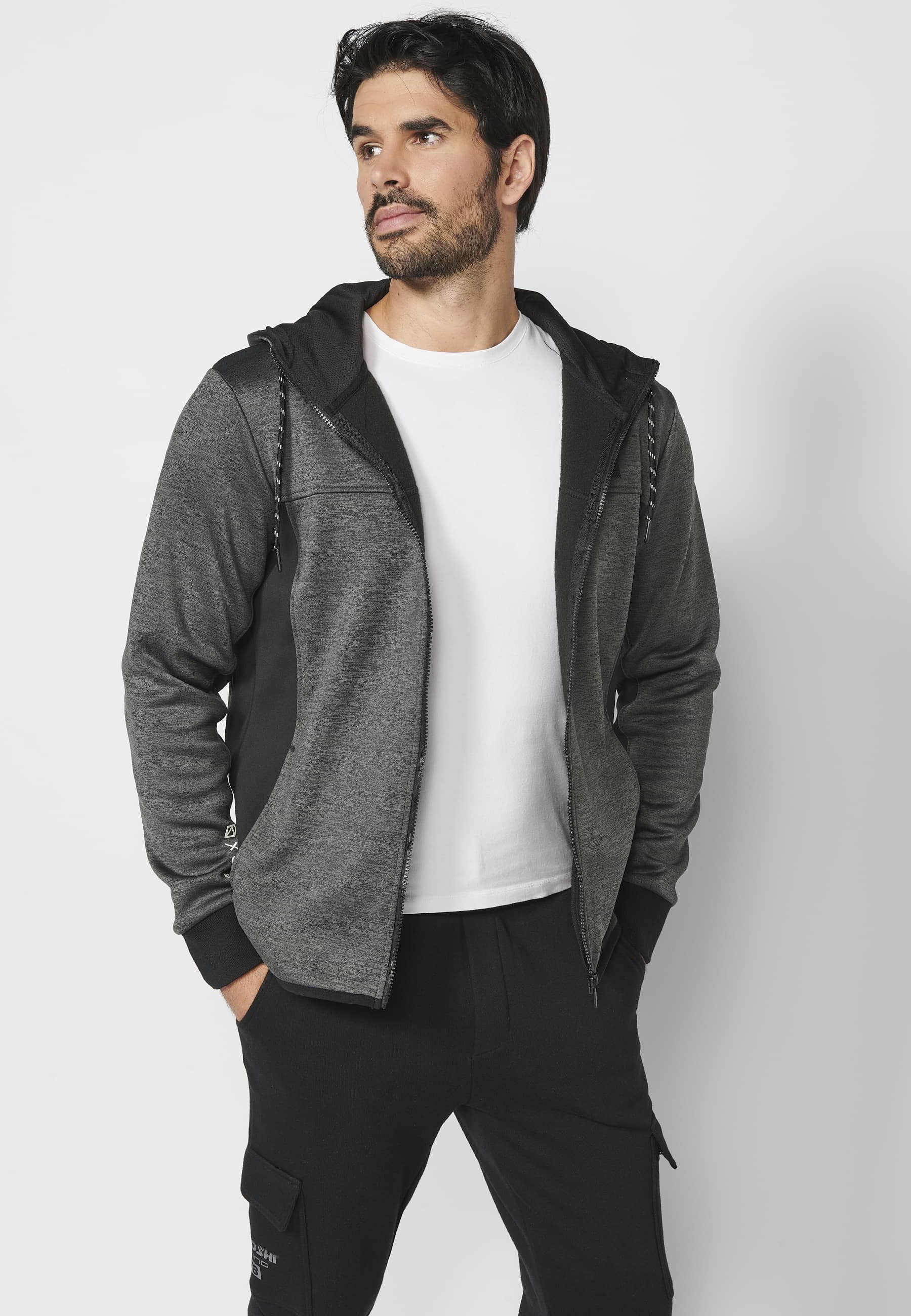 Veste sweat à capuche avec fermeture zippée et manches finies en bord-côte Noir pour Homme