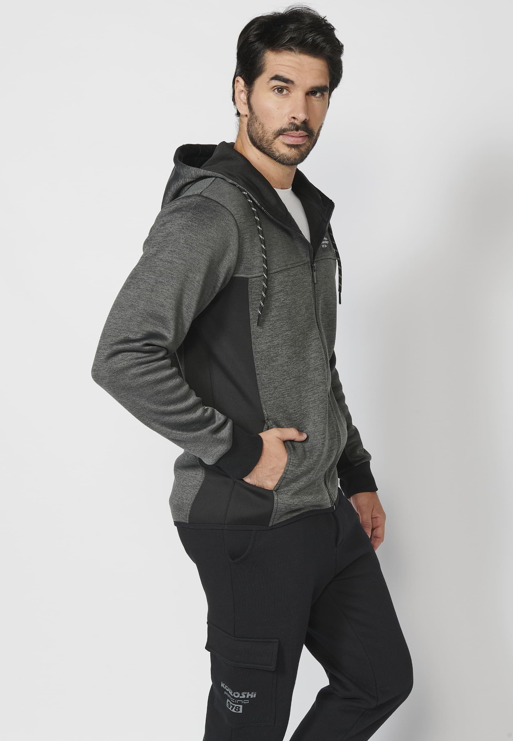 Veste sweat à capuche avec fermeture zippée et manches finies en bord-côte Noir pour Homme