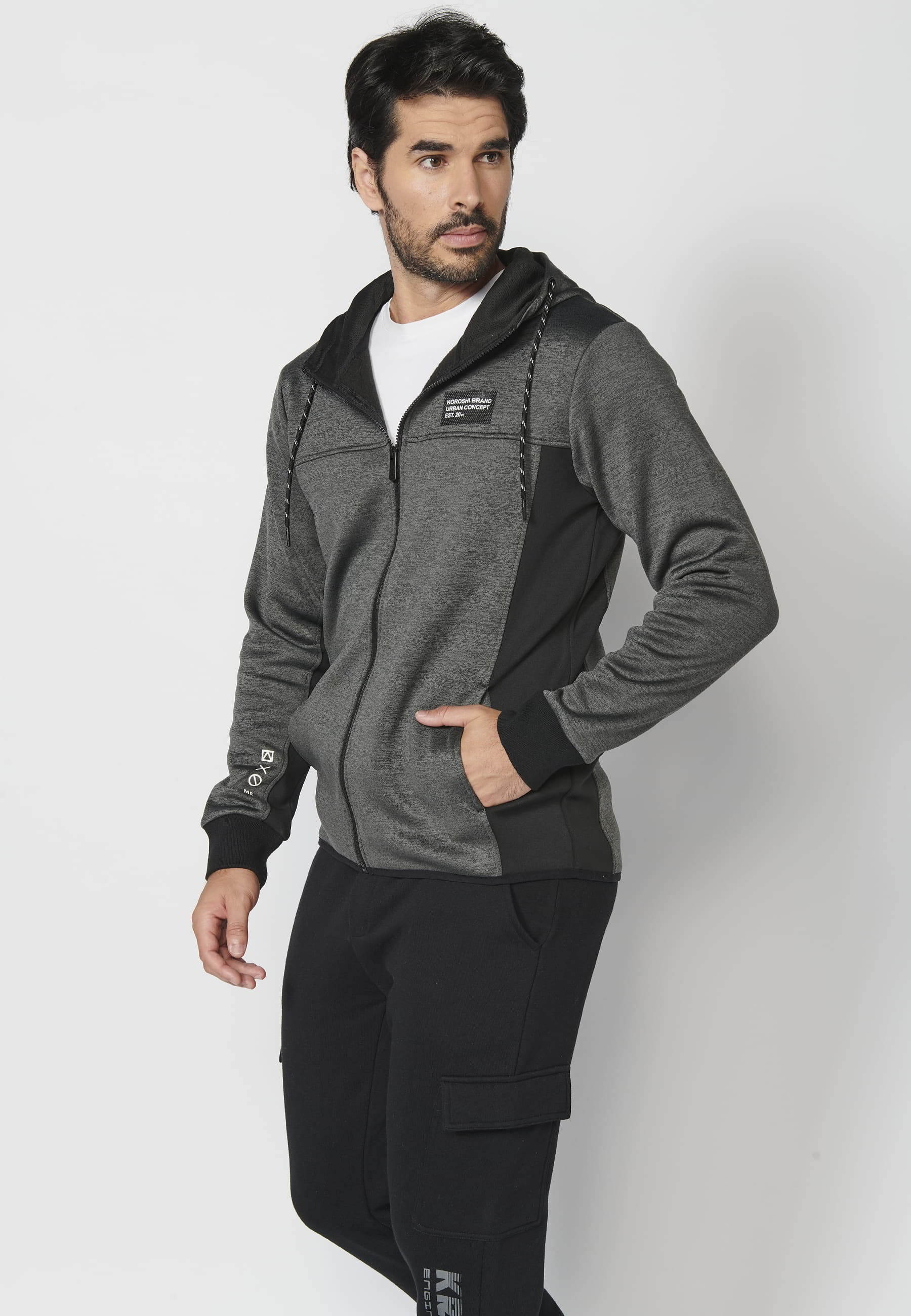 Veste sweat à capuche avec fermeture zippée et manches finies en bord-côte Noir pour Homme