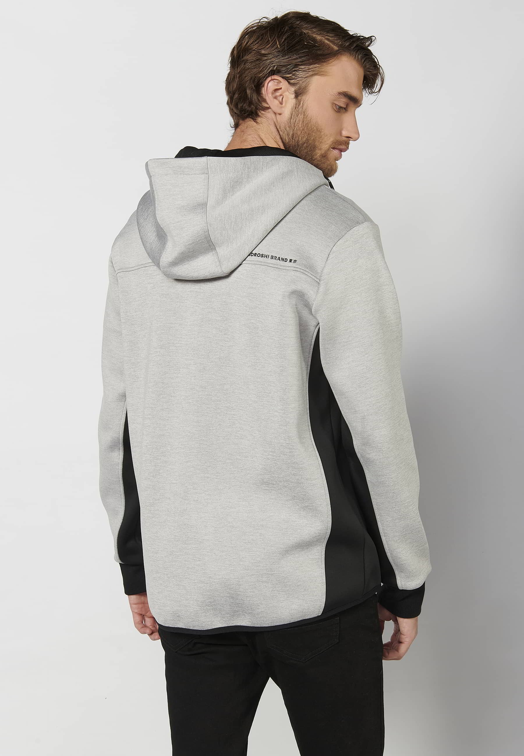 Veste sweat-shirt à capuche avec fermeture à glissière et manches finies en couleur grise pour homme