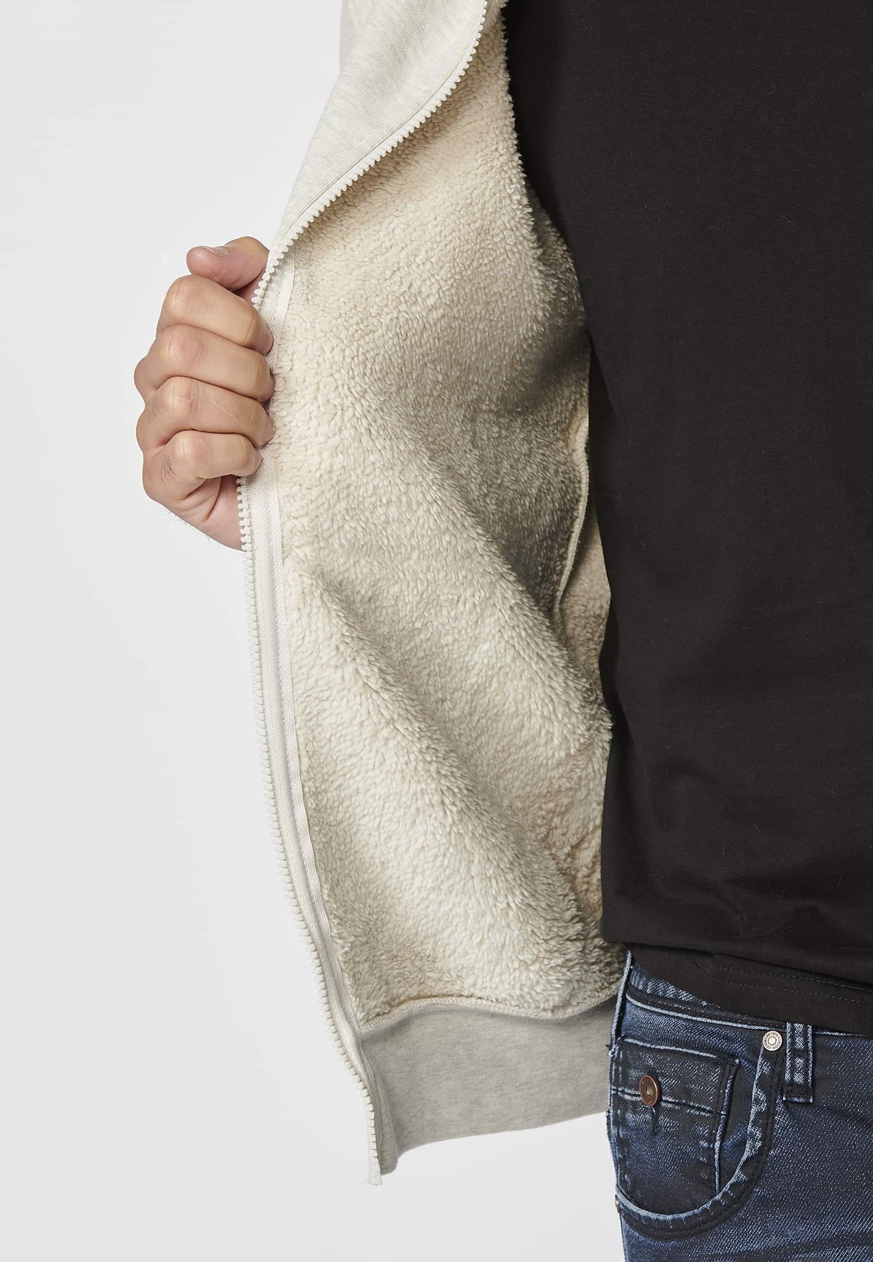 Veste sweat beige à manches longues avec bords-côtes et col à capuche pour Homme