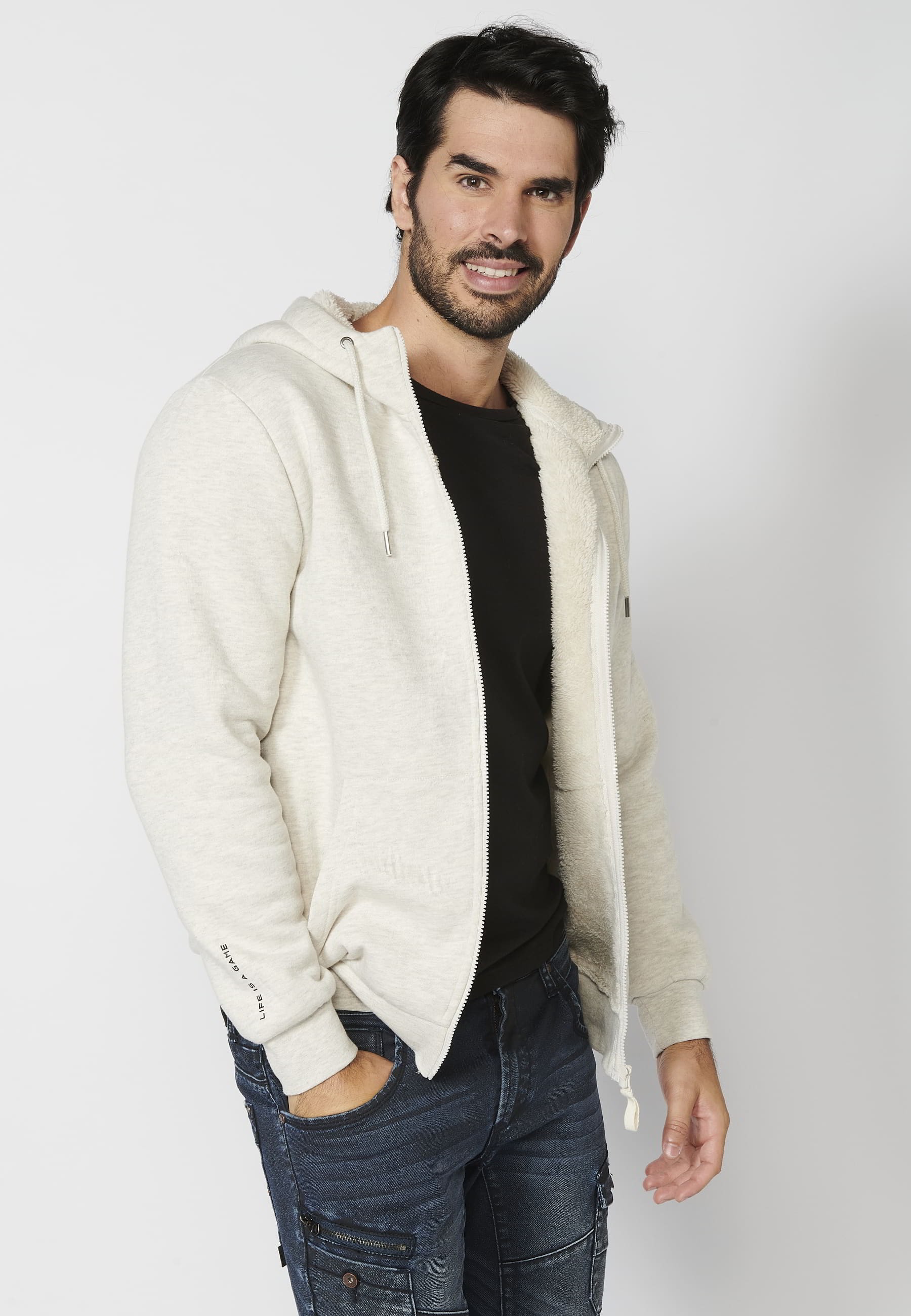 Veste sweat beige à manches longues avec bords-côtes et col à capuche pour Homme