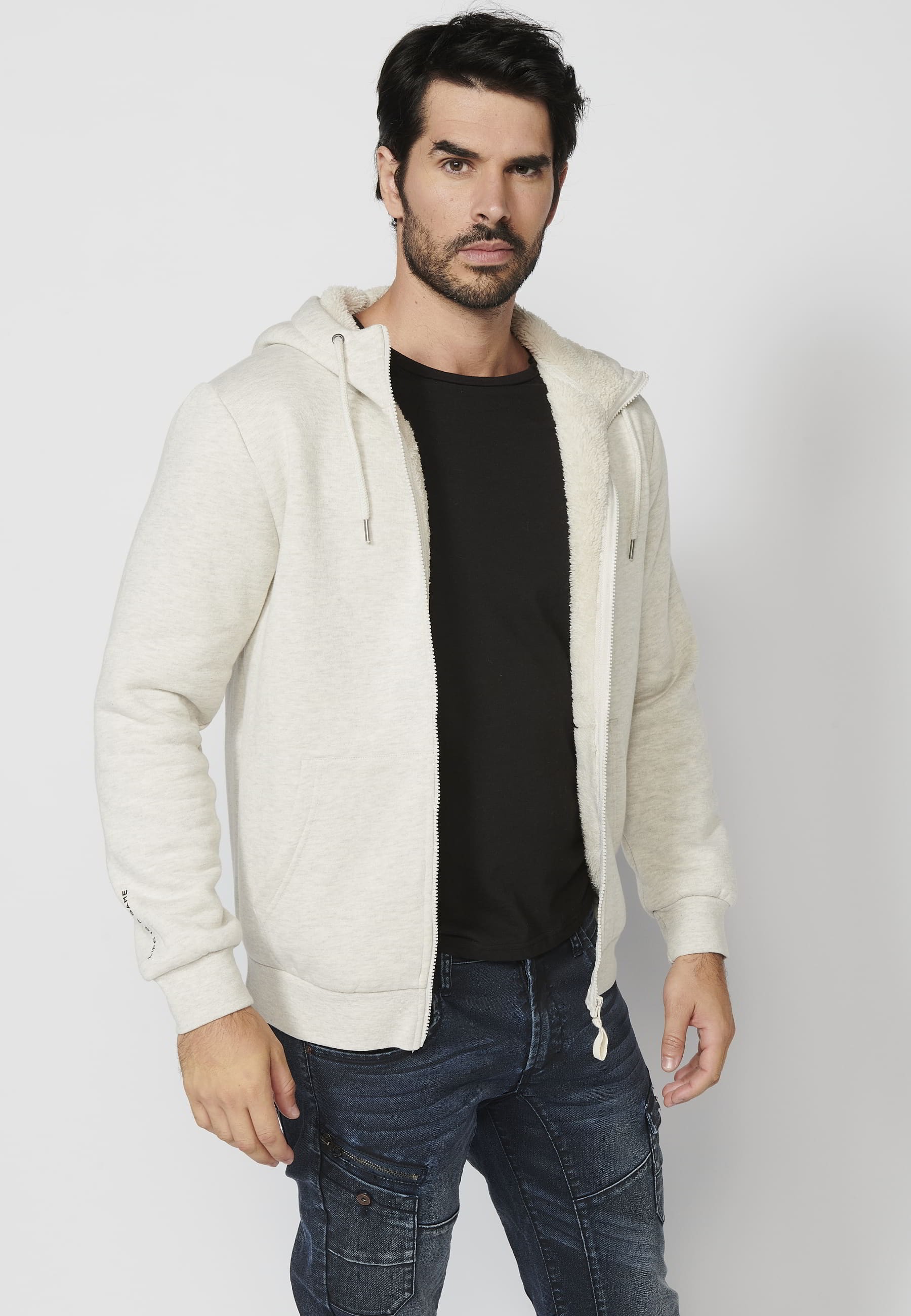 Veste sweat beige à manches longues avec bords-côtes et col à capuche pour Homme