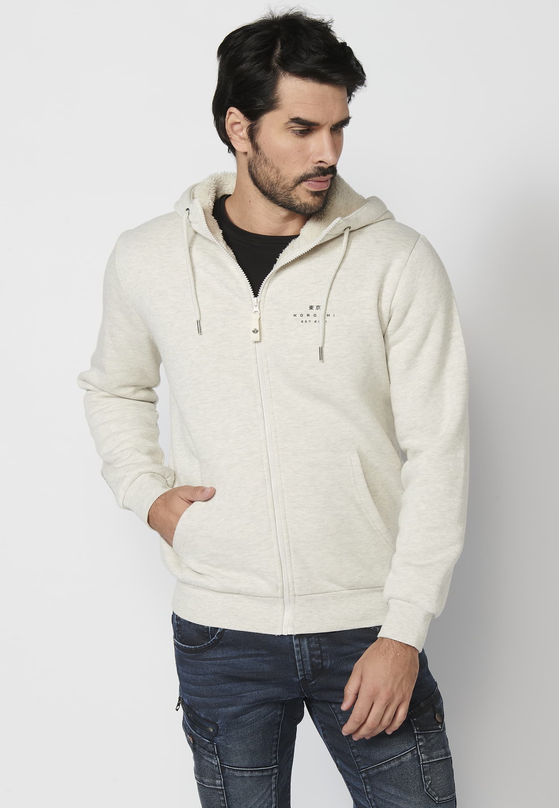 Veste sweat beige à manches longues avec bords-côtes et col à capuche pour Homme