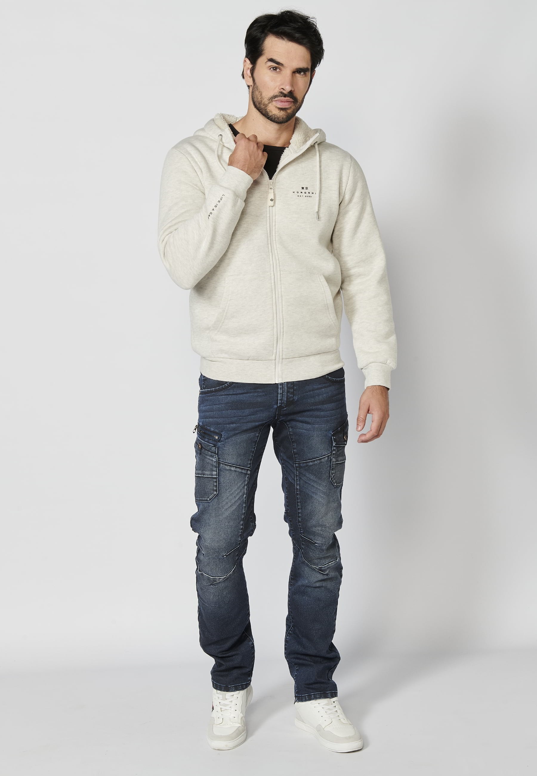 Veste sweat beige à manches longues avec bords-côtes et col à capuche pour Homme