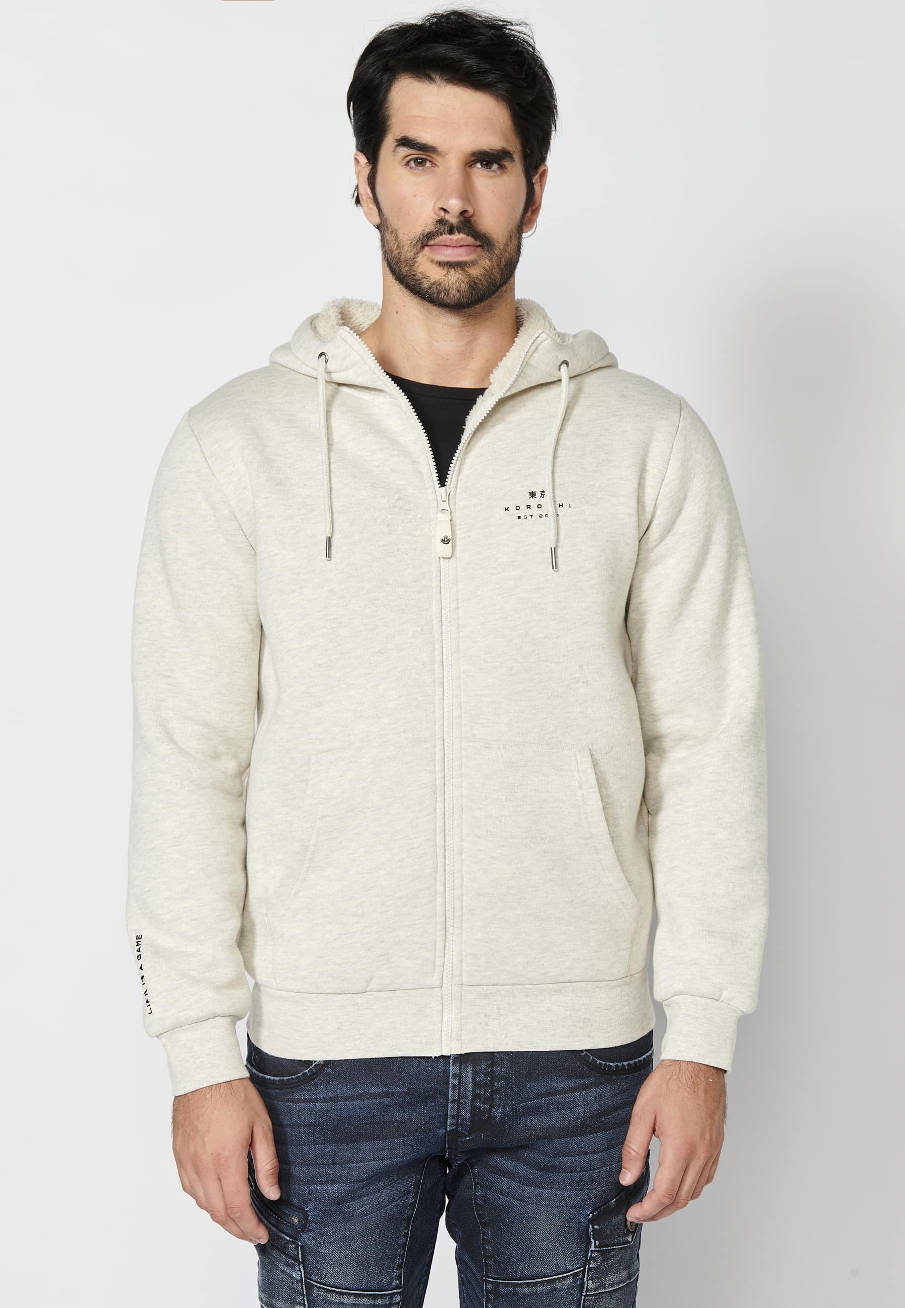 Veste sweat beige à manches longues avec bords-côtes et col à capuche pour Homme