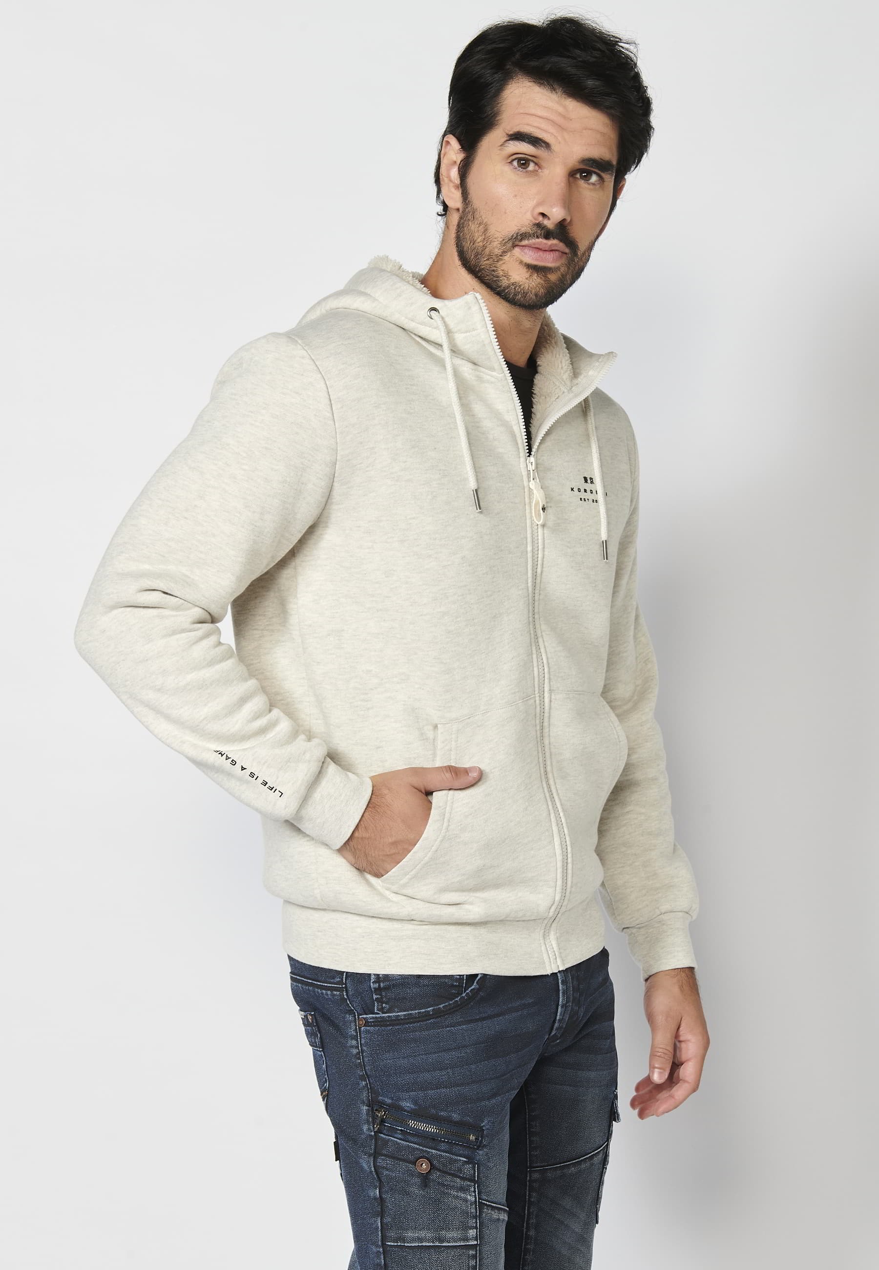 Veste sweat beige à manches longues avec bords-côtes et col à capuche pour Homme