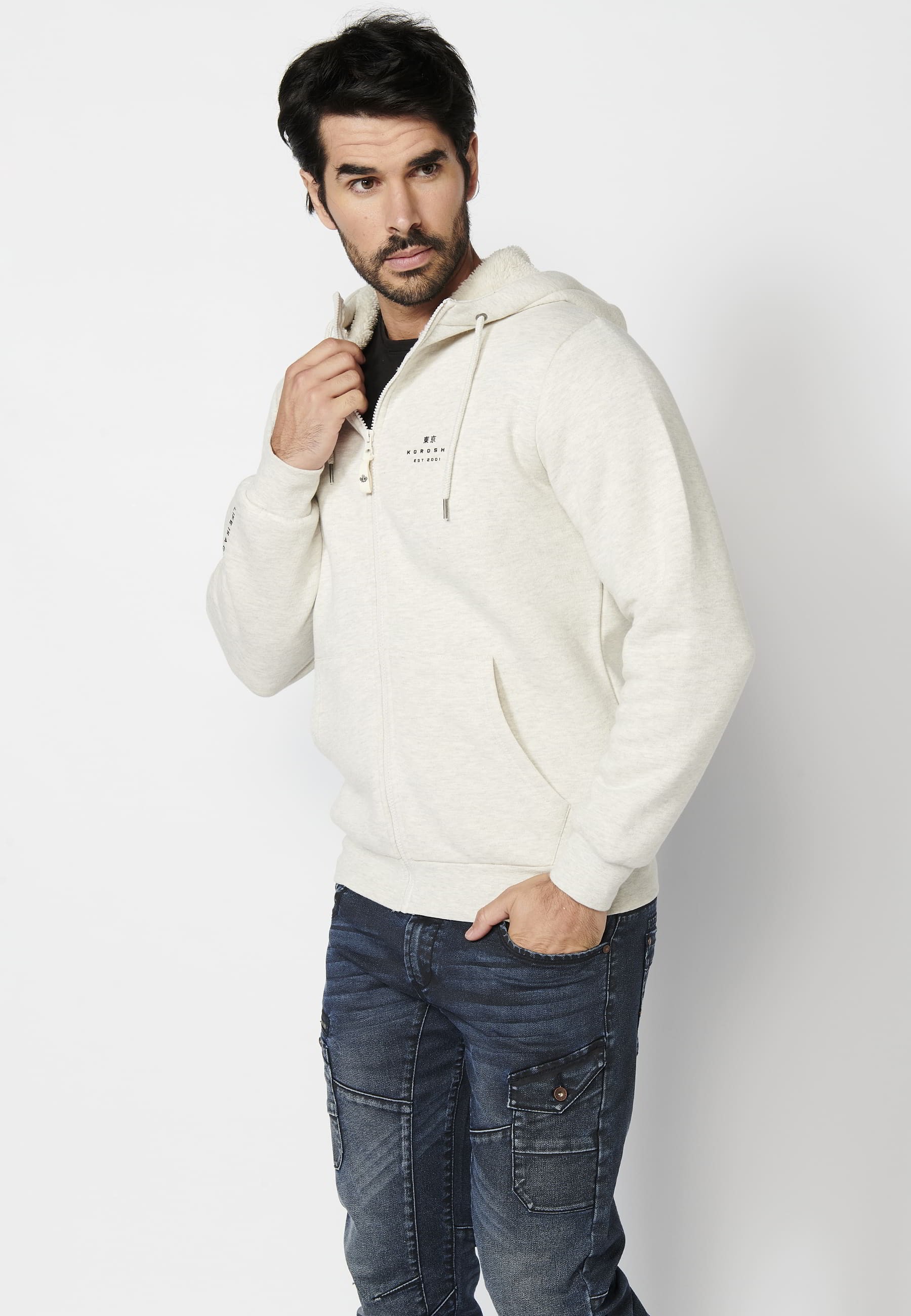 Veste sweat beige à manches longues avec bords-côtes et col à capuche pour Homme