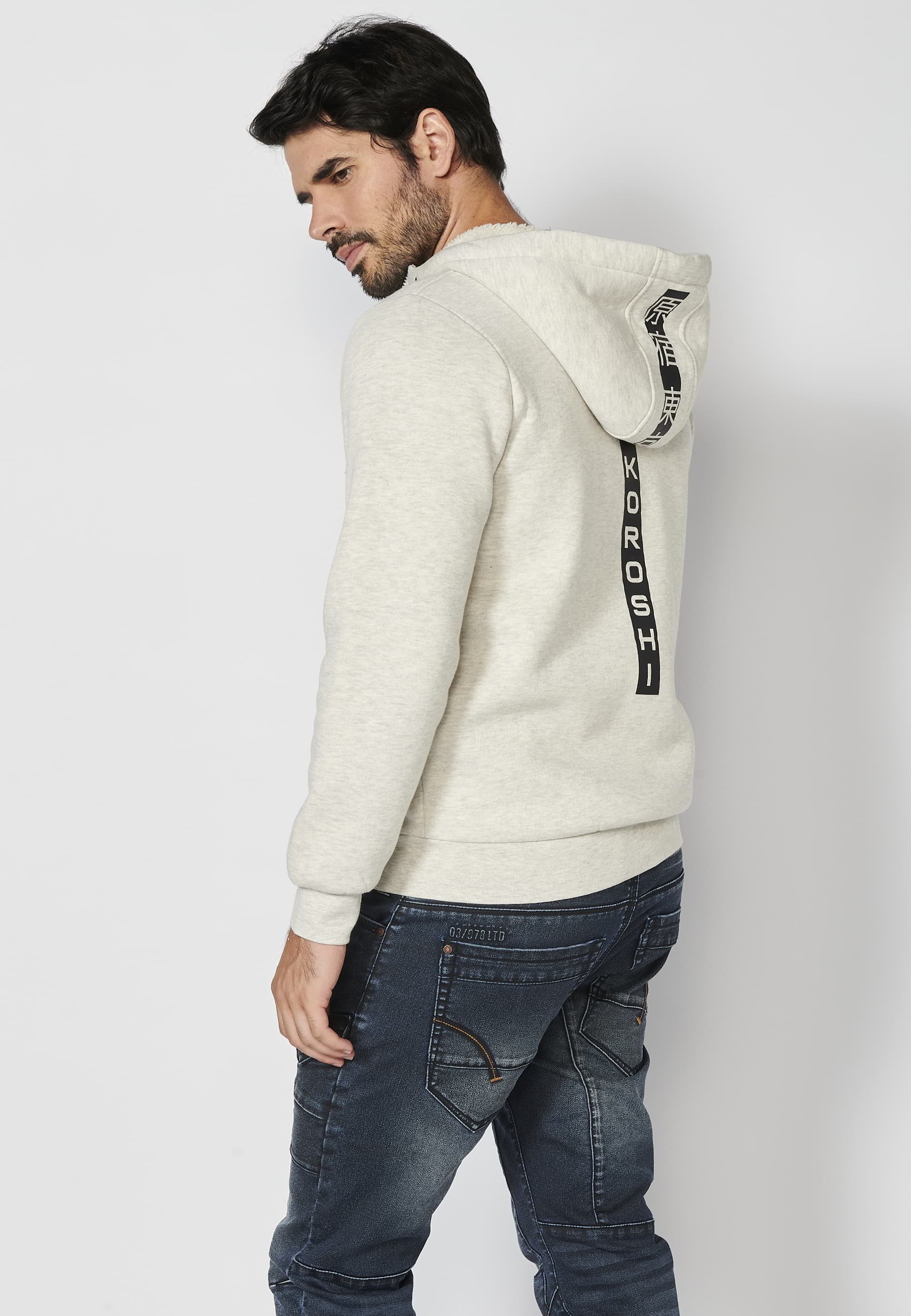 Veste sweat beige à manches longues avec bords-côtes et col à capuche pour Homme