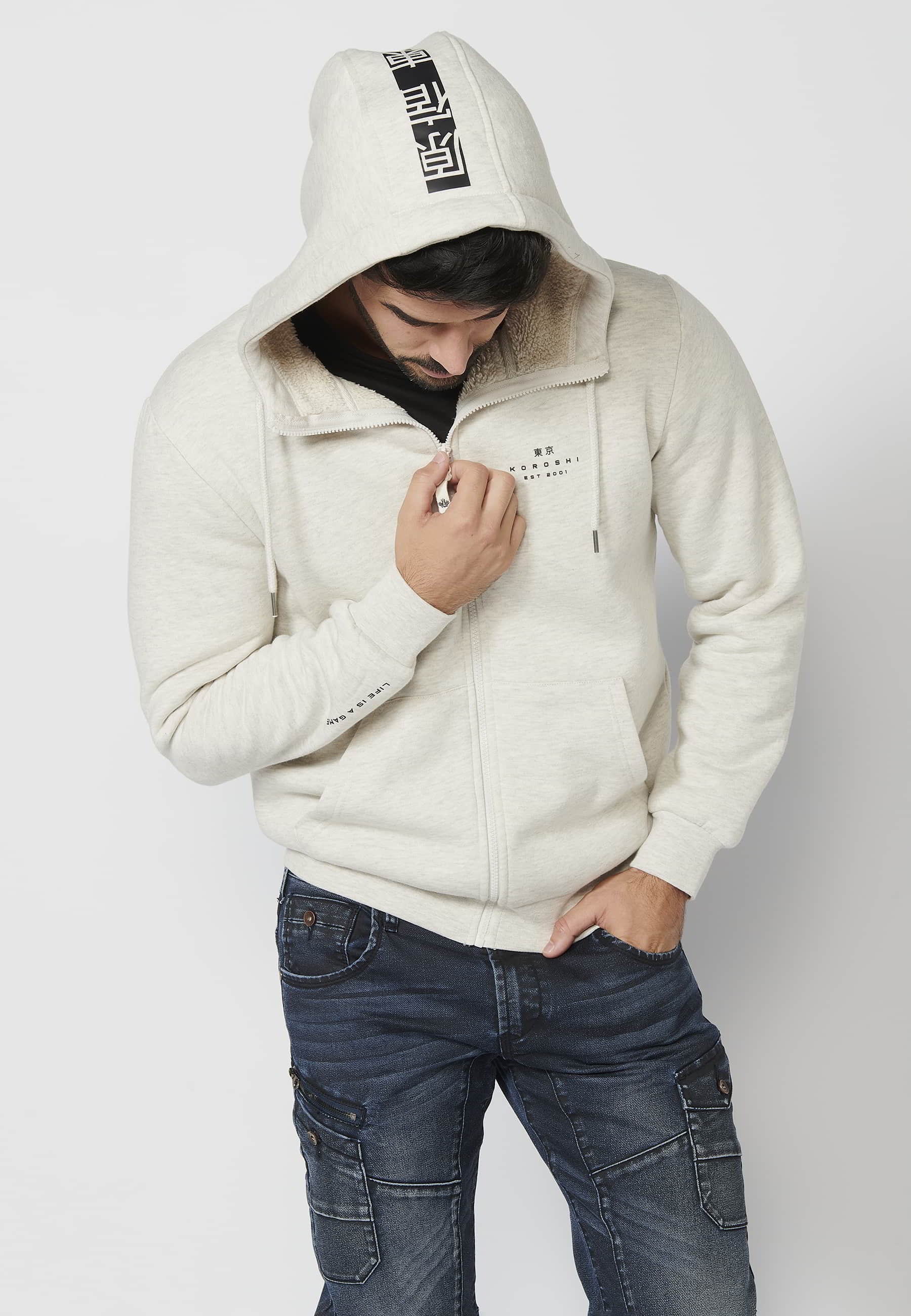 Veste sweat beige à manches longues avec bords-côtes et col à capuche pour Homme