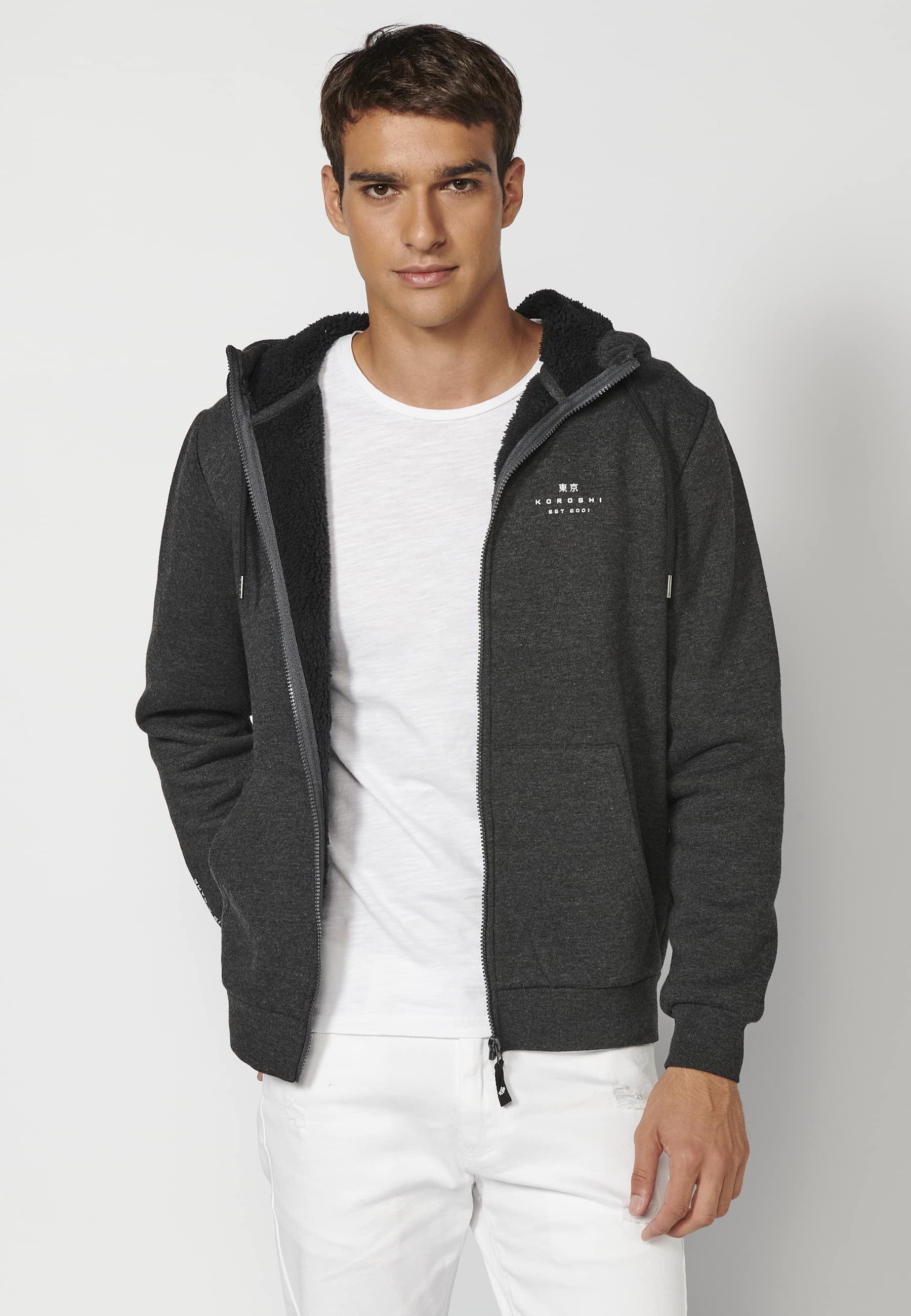 Langärmelige Sweatshirtjacke mit gerippten Abschlüssen und Kapuzenkragen in Antracita für Herren 1