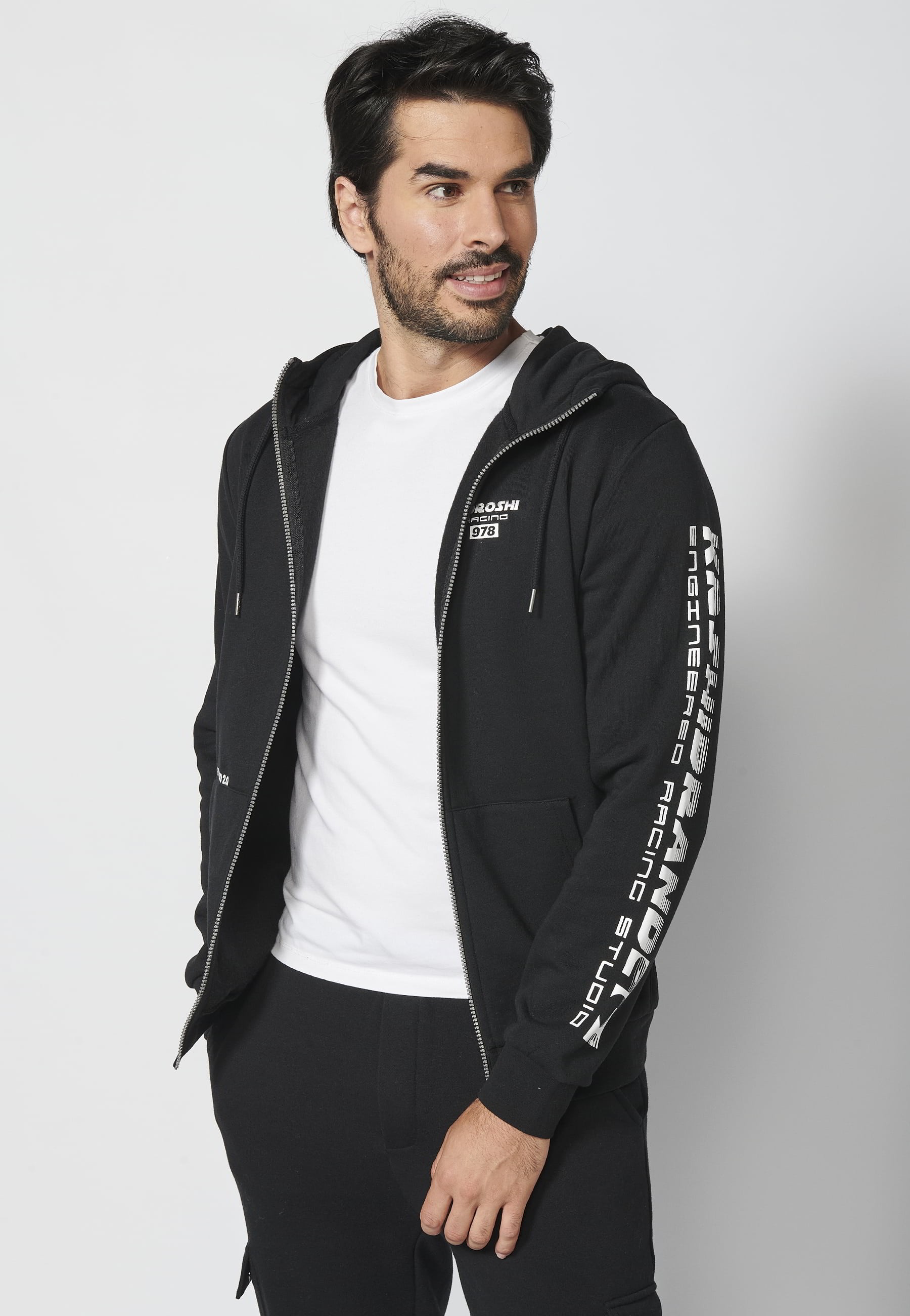 Veste sweat manches longues avec capuche ajustable, détail lettre sur la manche, coloris Noir pour Homme 8