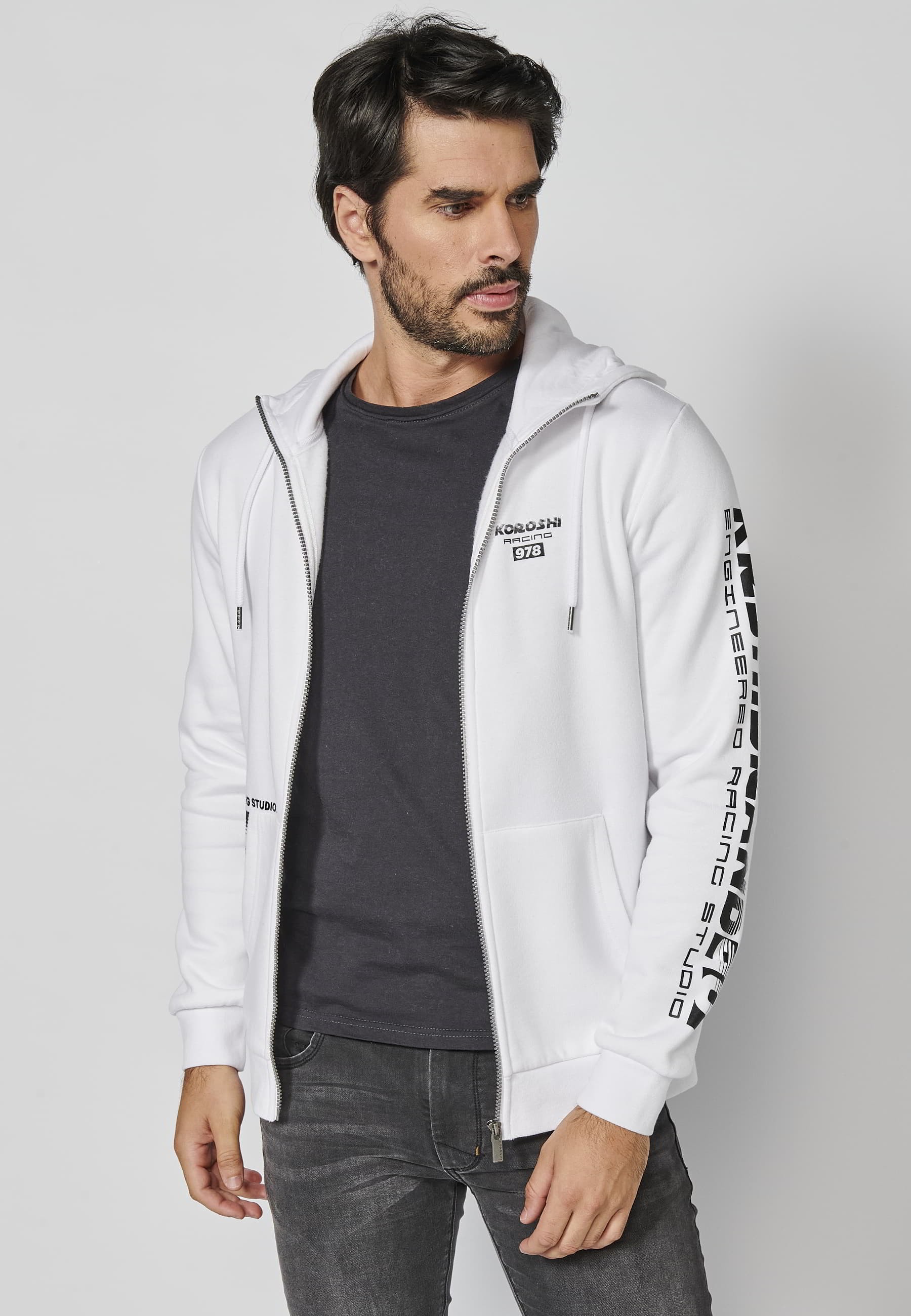 Veste sweat à manches longues avec capuche ajustable, détail lettre sur la manche, coloris Blanc pour Homme