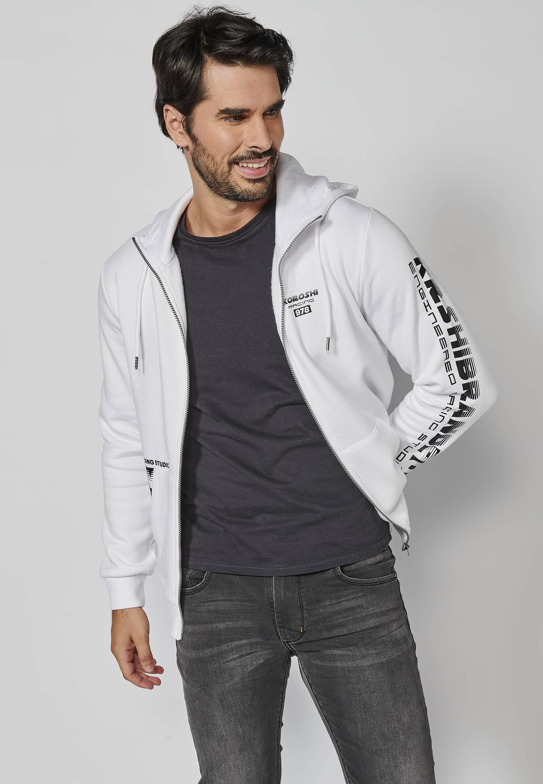 Veste sweat à manches longues avec capuche ajustable, détail lettre sur la manche, coloris Blanc pour Homme