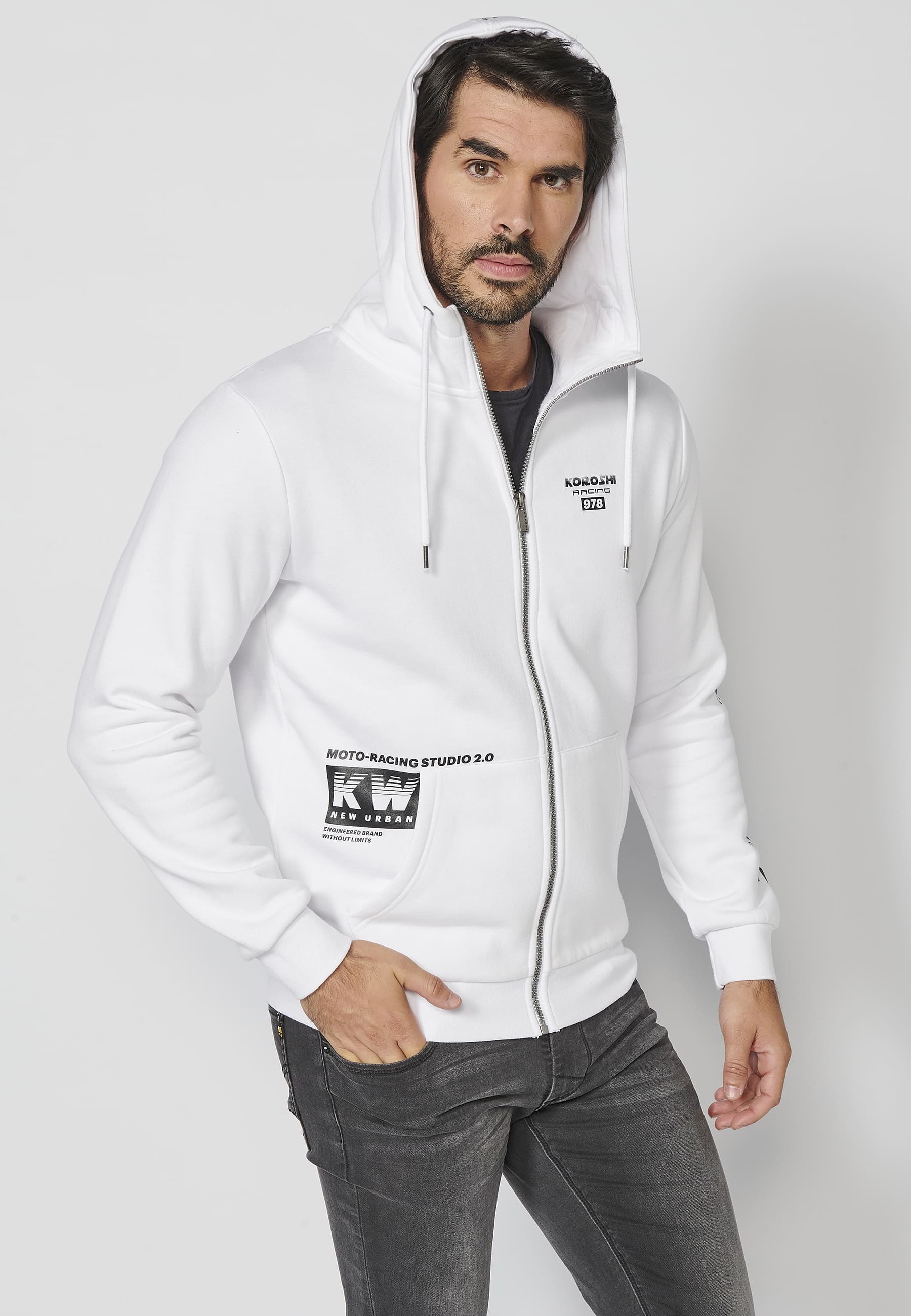 Langärmlige Sweatshirtjacke mit verstellbarer Kapuze, Buchstabendetail am Ärmel, Farbe Weiß für Herren