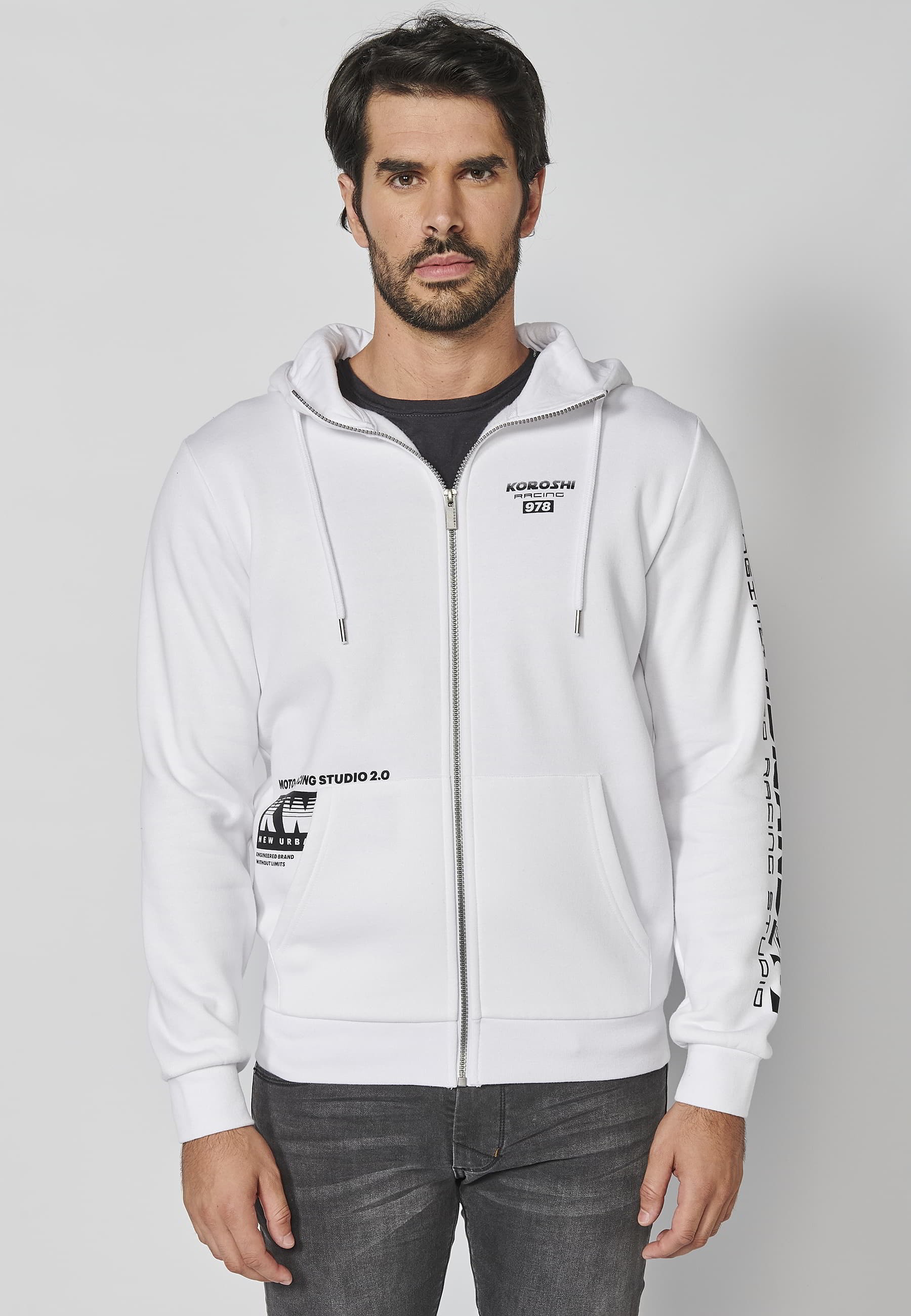 Veste sweat à manches longues avec capuche ajustable, détail lettre sur la manche, coloris Blanc pour Homme