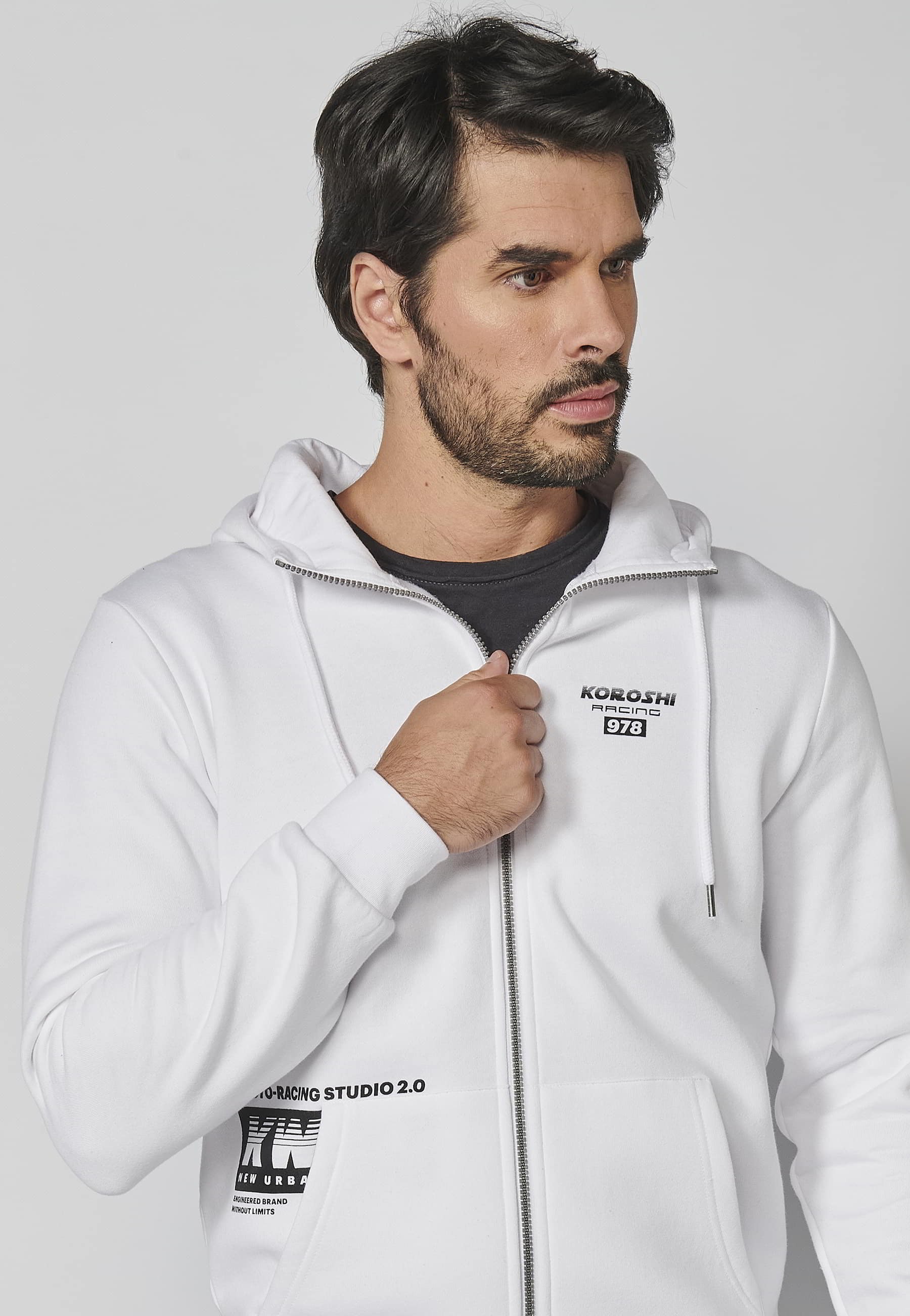 Veste sweat à manches longues avec capuche ajustable, détail lettre sur la manche, coloris Blanc pour Homme