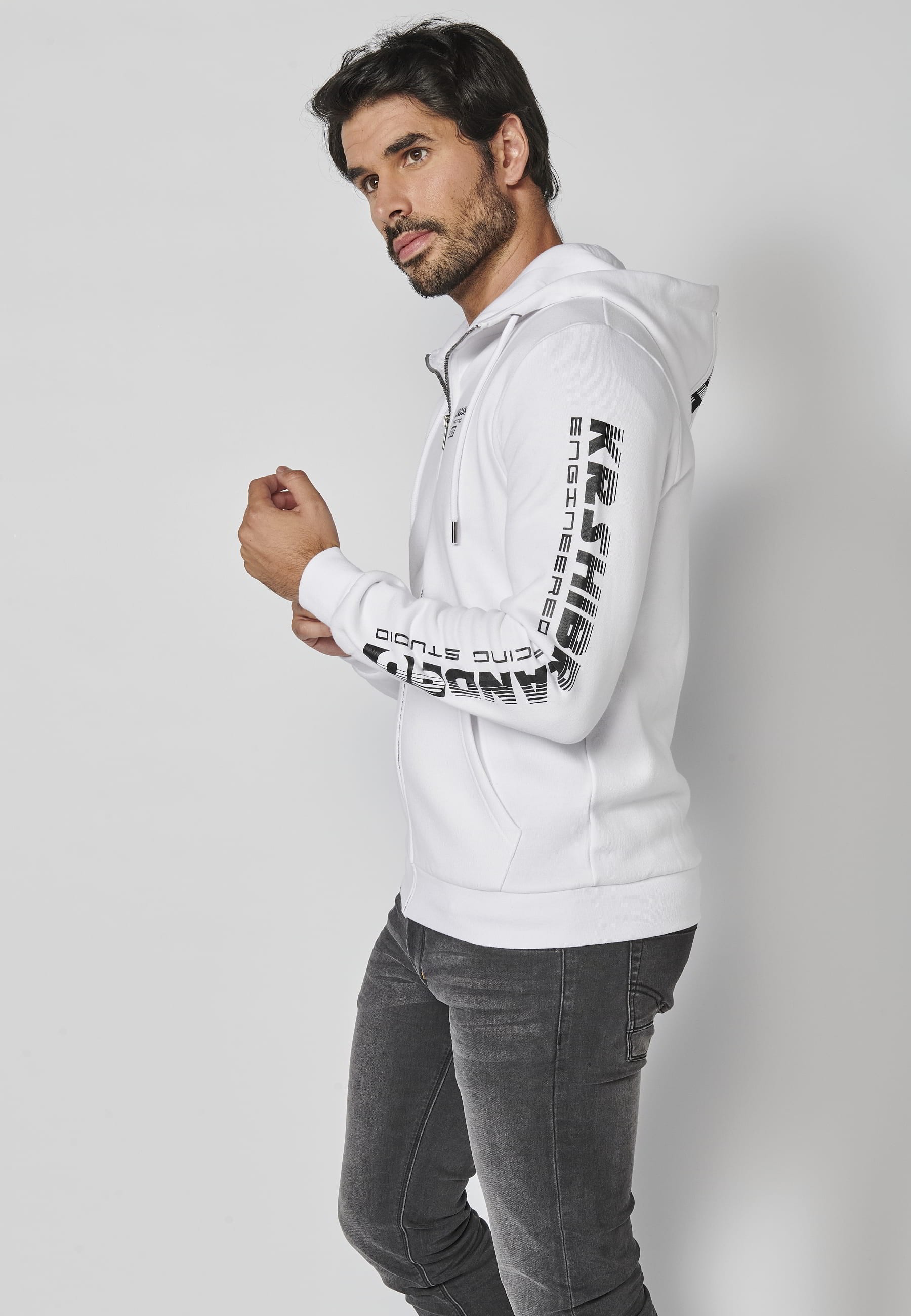 Langärmlige Sweatshirtjacke mit verstellbarer Kapuze, Buchstabendetail am Ärmel, Farbe Weiß für Herren