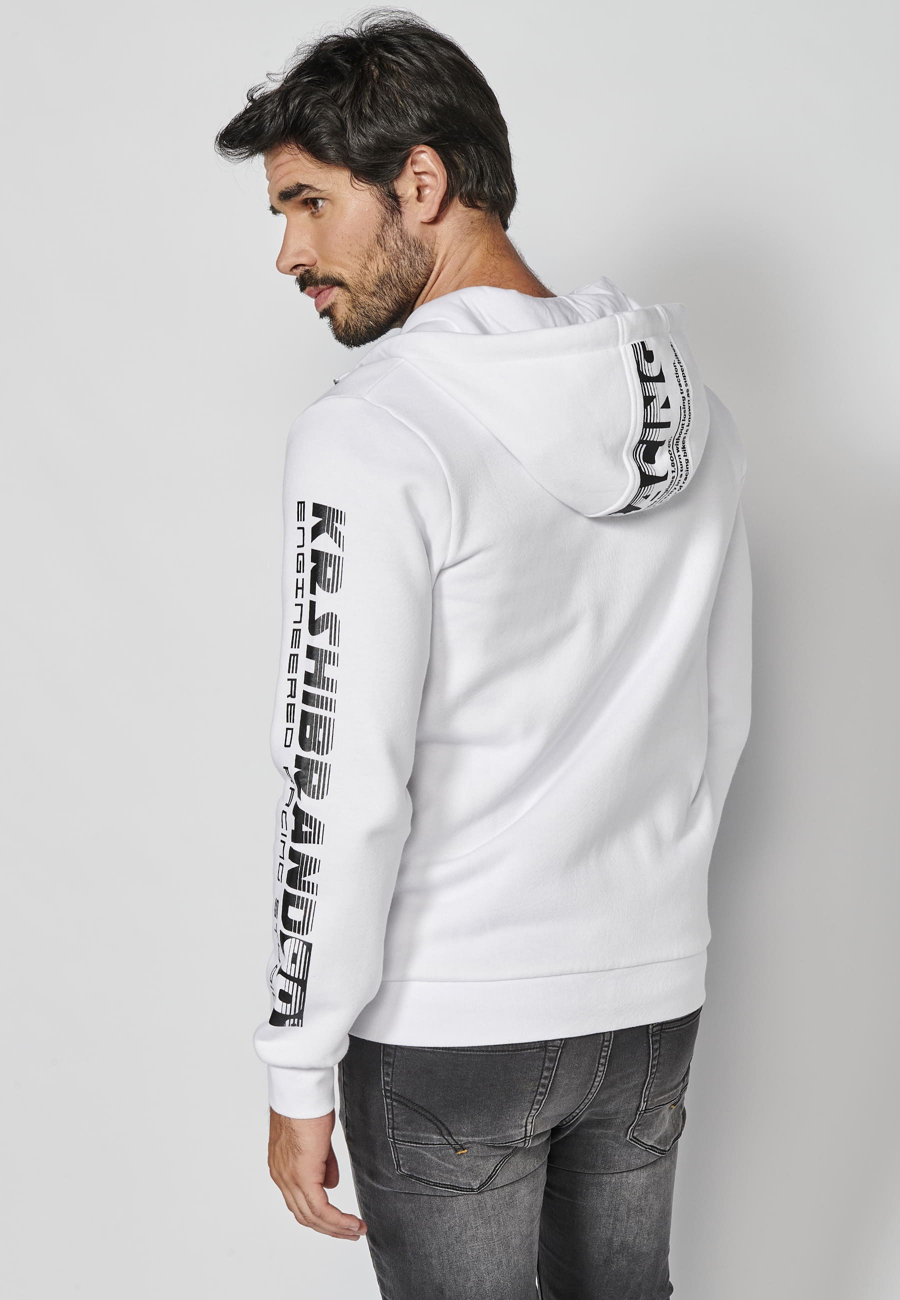 Langärmlige Sweatshirtjacke mit verstellbarer Kapuze, Buchstabendetail am Ärmel, Farbe Weiß für Herren