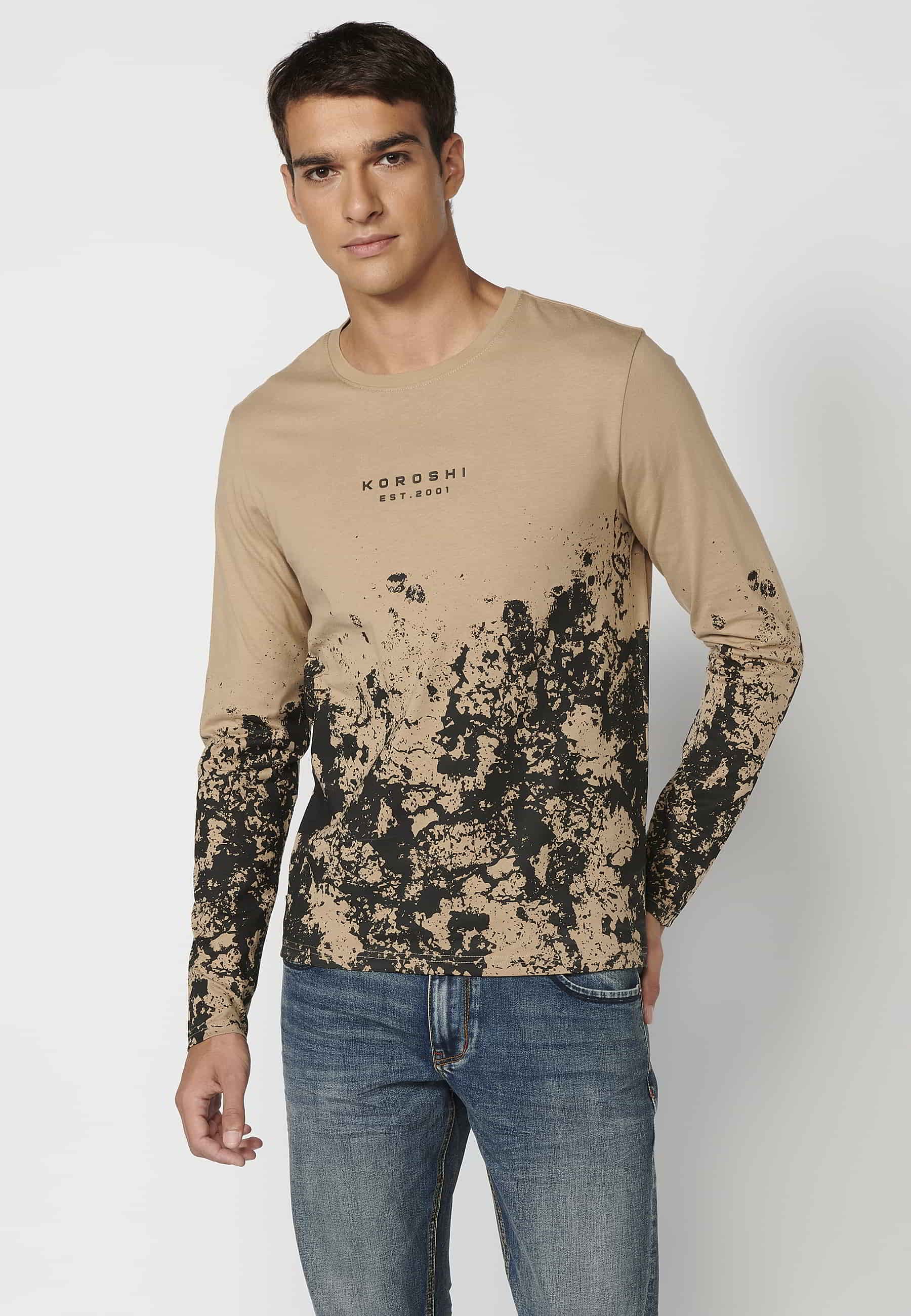 Beige printed round neck long sleeve T-shirt for Men