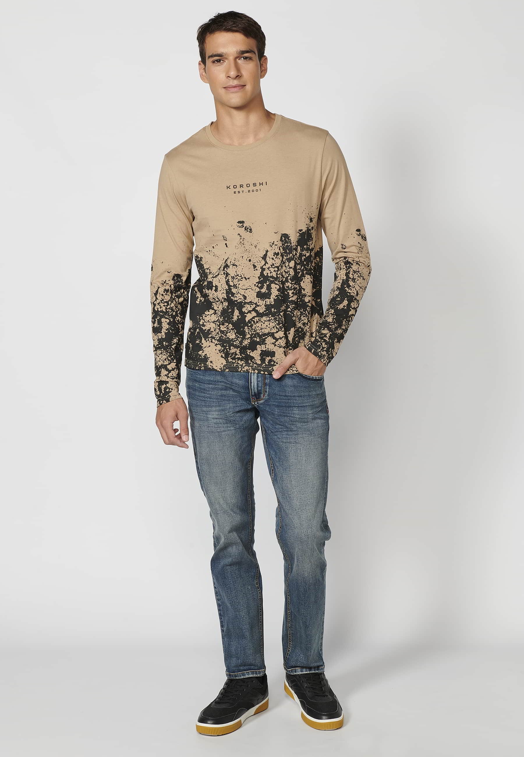 Beige printed round neck long sleeve T-shirt for Men 4